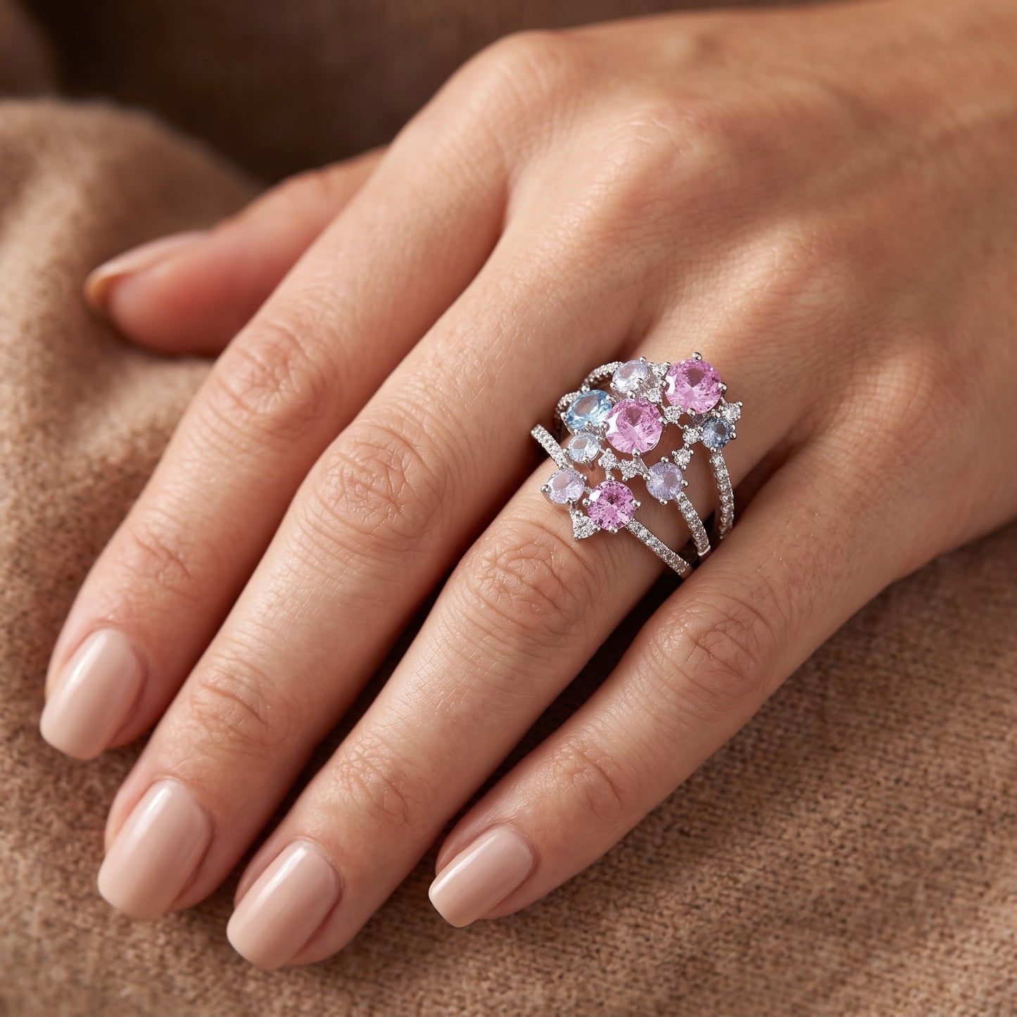 Sterling Silver Bulky Colorful Cluster CZ Ring for Women, Cubic Zirconia, Promise Ring Gift view 5