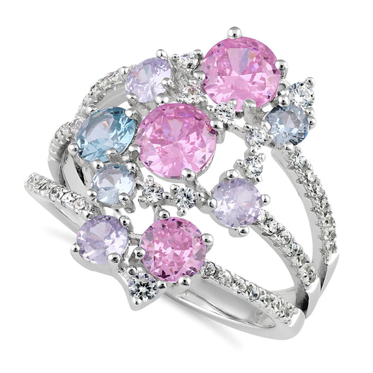 Sterling Silver Bulky Colorful Cluster CZ Ring for Women, Cubic Zirconia, Promise Ring Gift