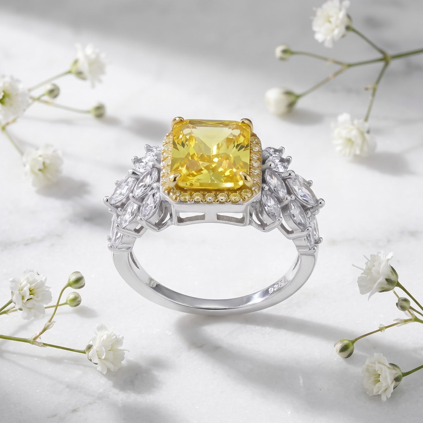 Sterling Silver Elegant Yellow Emerald Cut Halo CZ Ring for Women, Emerald Cubic Zirconia, Promise Ring Gift view 1