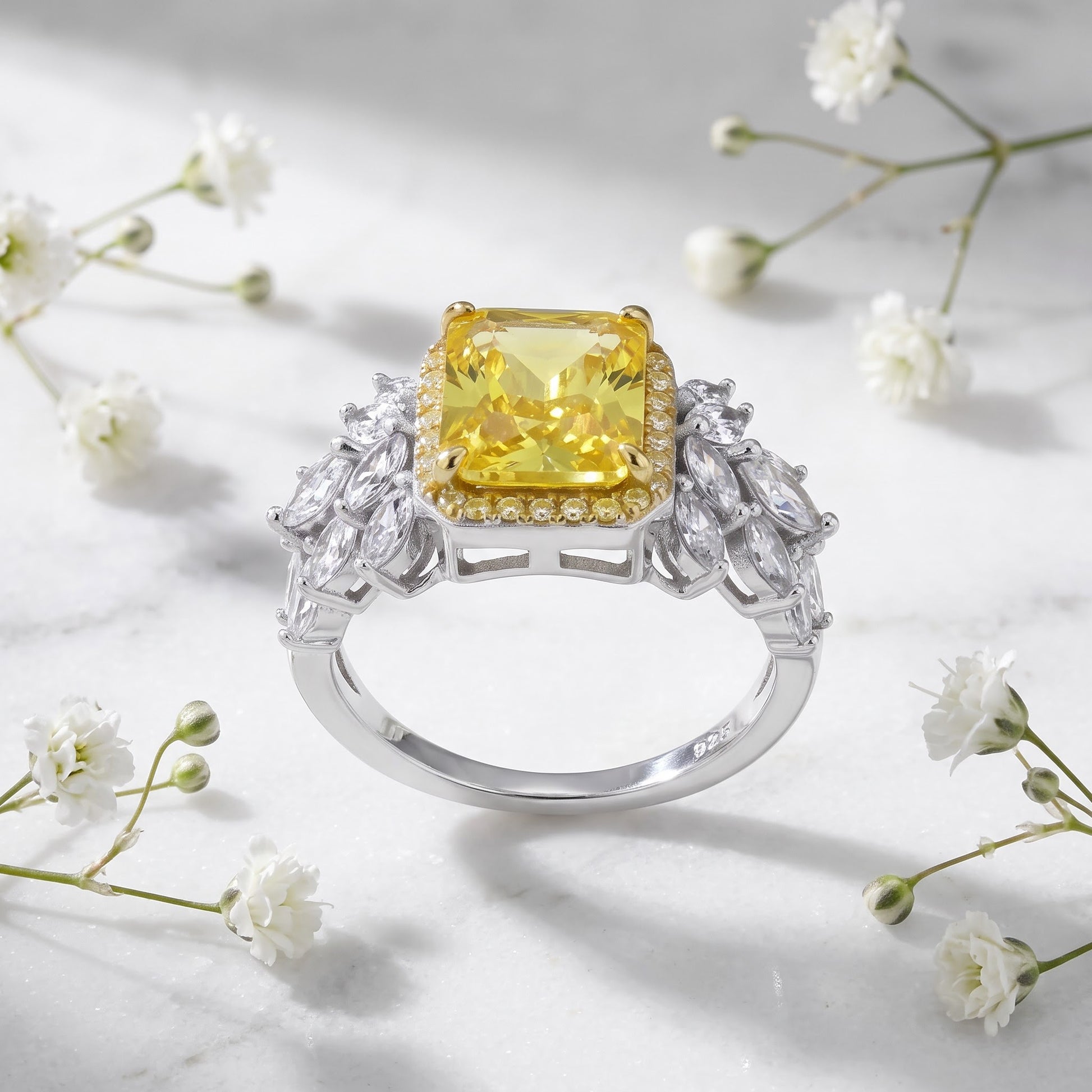 Sterling Silver Elegant Yellow Emerald Cut Halo CZ Ring for Women, Emerald Cubic Zirconia, Promise Ring Gift view 1