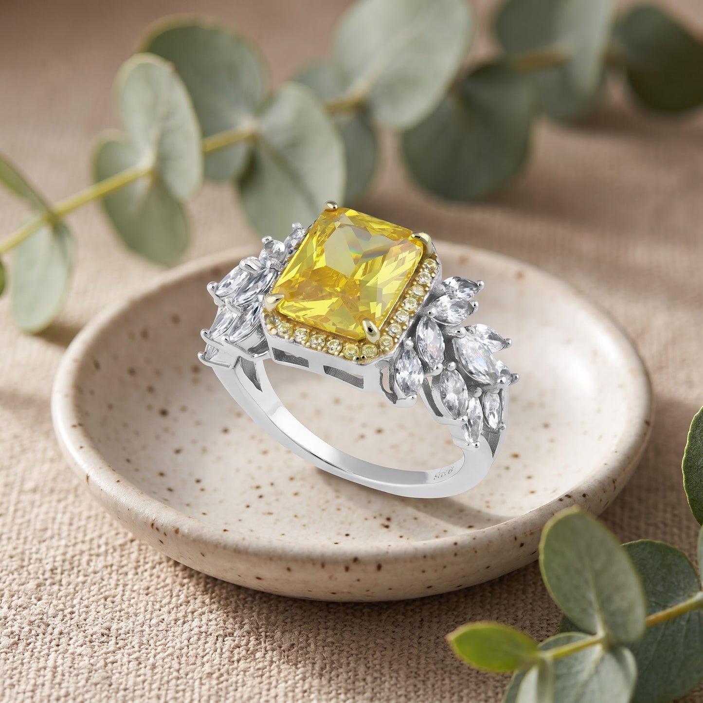 Sterling Silver Elegant Yellow Emerald Cut Halo CZ Ring for Women, Emerald Cubic Zirconia, Promise Ring Gift view 2