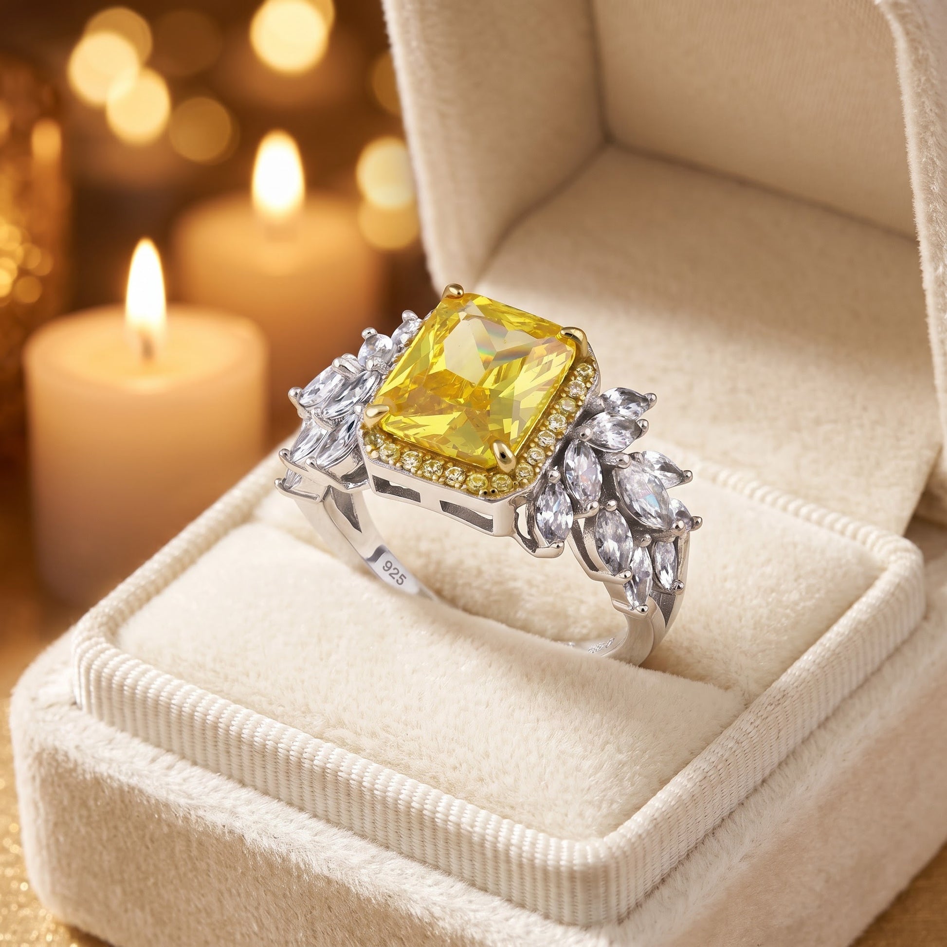 Sterling Silver Elegant Yellow Emerald Cut Halo CZ Ring for Women, Emerald Cubic Zirconia, Promise Ring Gift view 3
