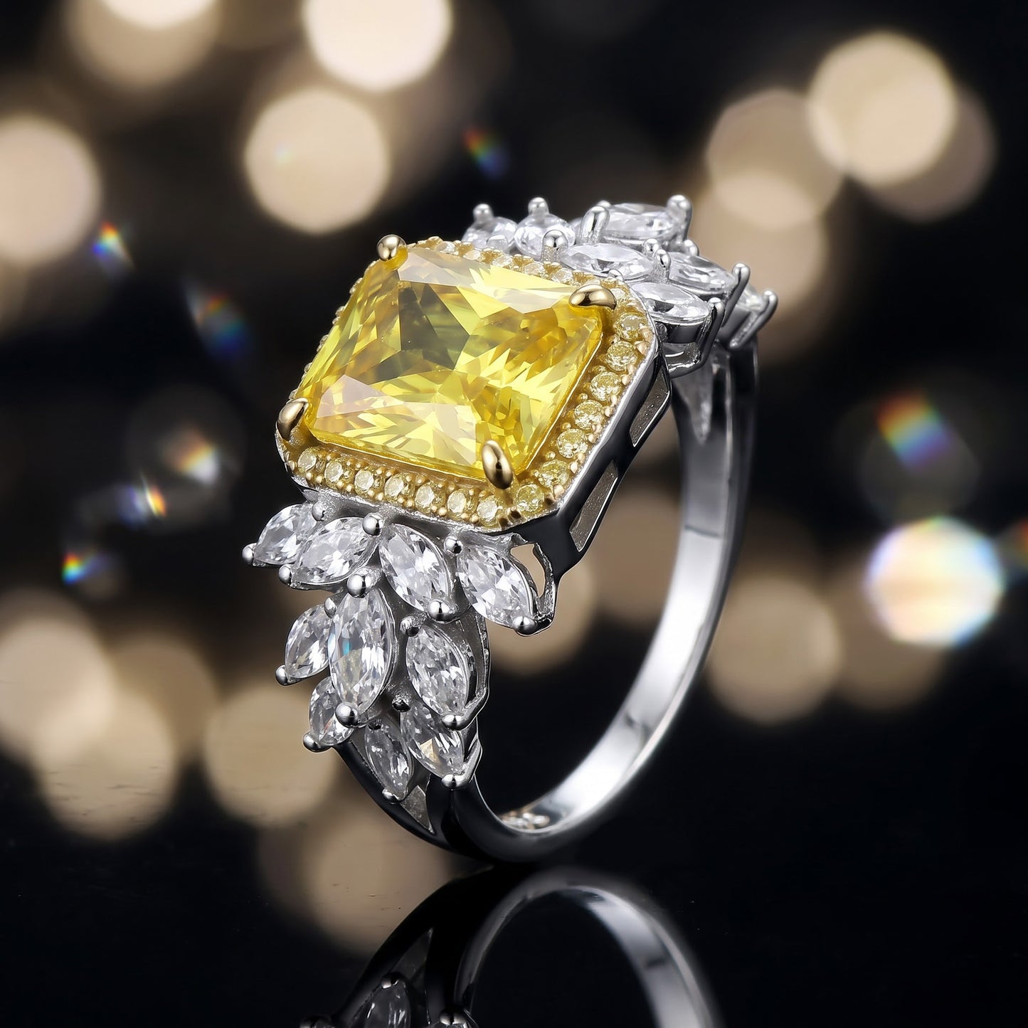 Sterling Silver Elegant Yellow Emerald Cut Halo CZ Ring for Women, Emerald Cubic Zirconia, Promise Ring Gift view 4