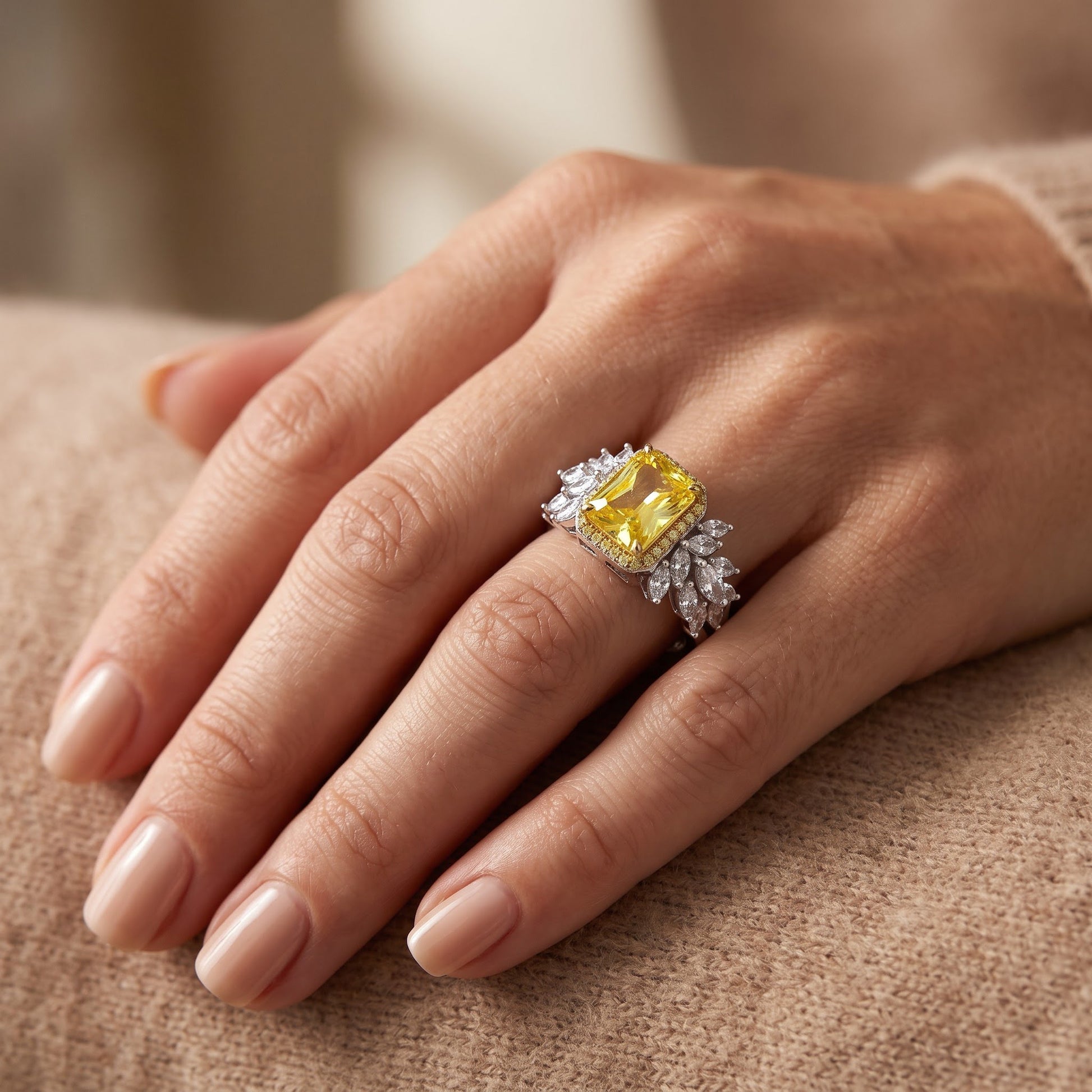 Sterling Silver Elegant Yellow Emerald Cut Halo CZ Ring for Women, Emerald Cubic Zirconia, Promise Ring Gift view 5