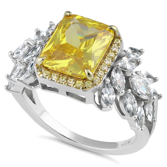 Sterling Silver Elegant Yellow Emerald Cut Halo CZ Ring for Women, Emerald Cubic Zirconia, Promise Ring Gift