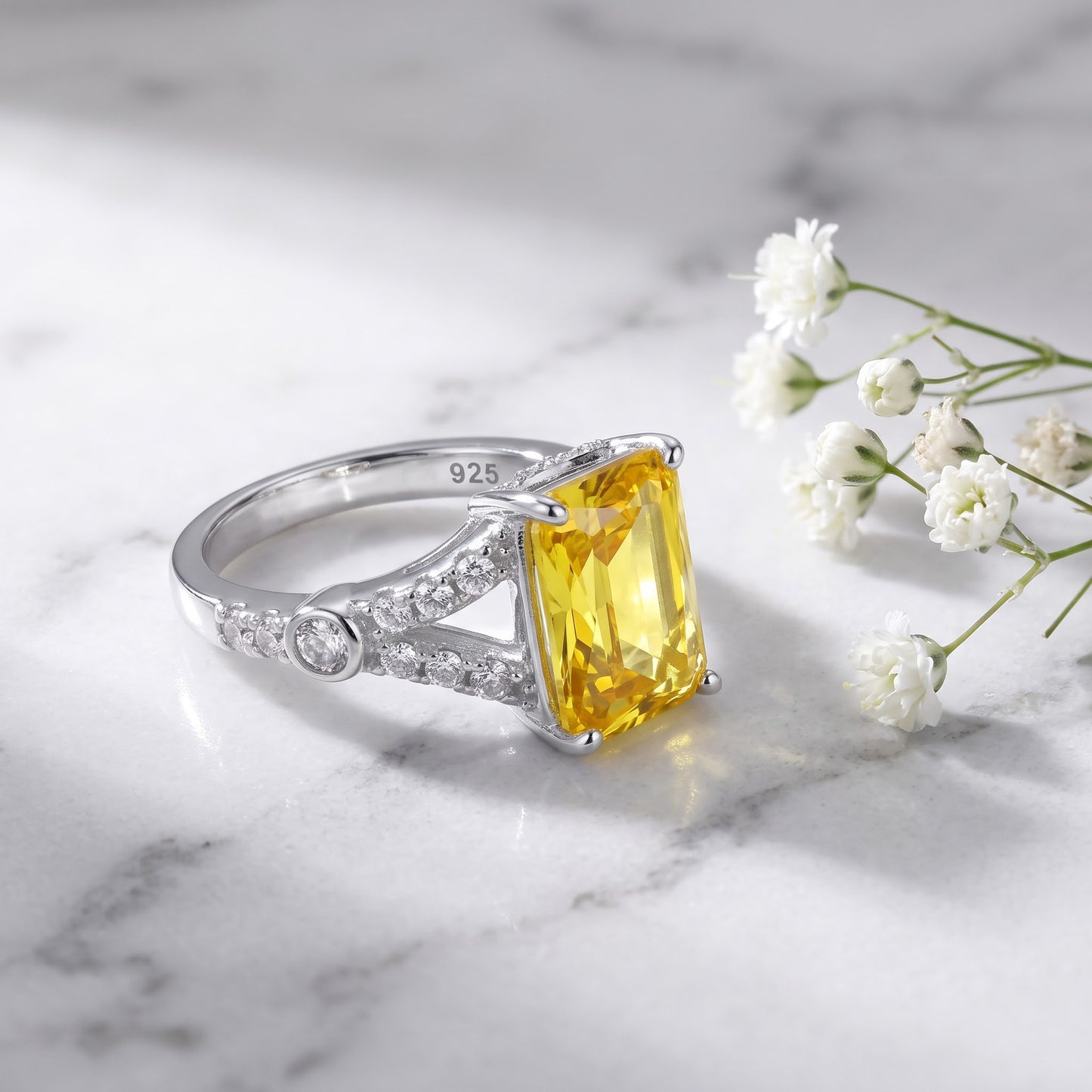 Sterling Silver Large Yellow Emerald Cut CZ Ring for Women, Emerald Cubic Zirconia, Promise Ring Gift view 1