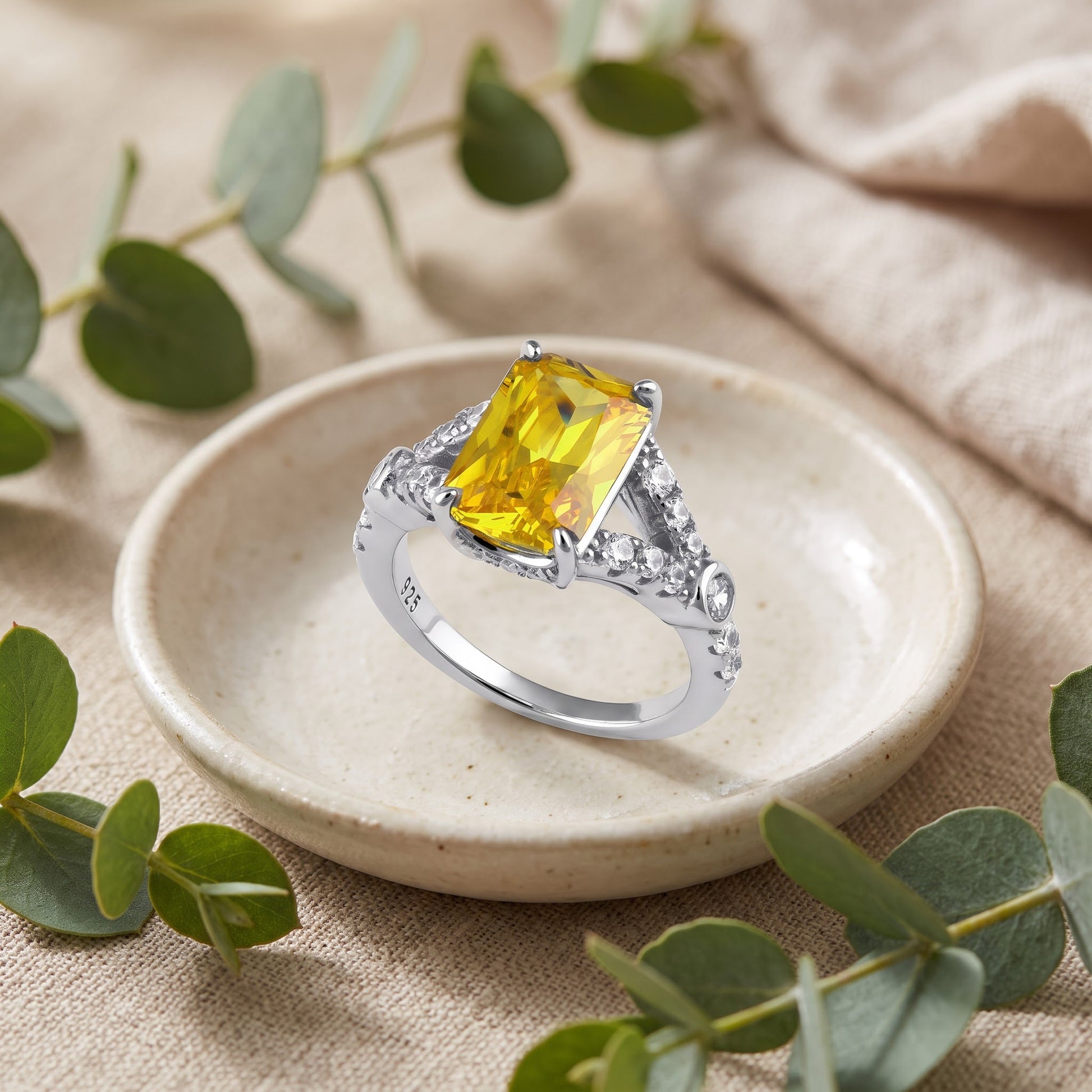 Sterling Silver Large Yellow Emerald Cut CZ Ring for Women, Emerald Cubic Zirconia, Promise Ring Gift view 2