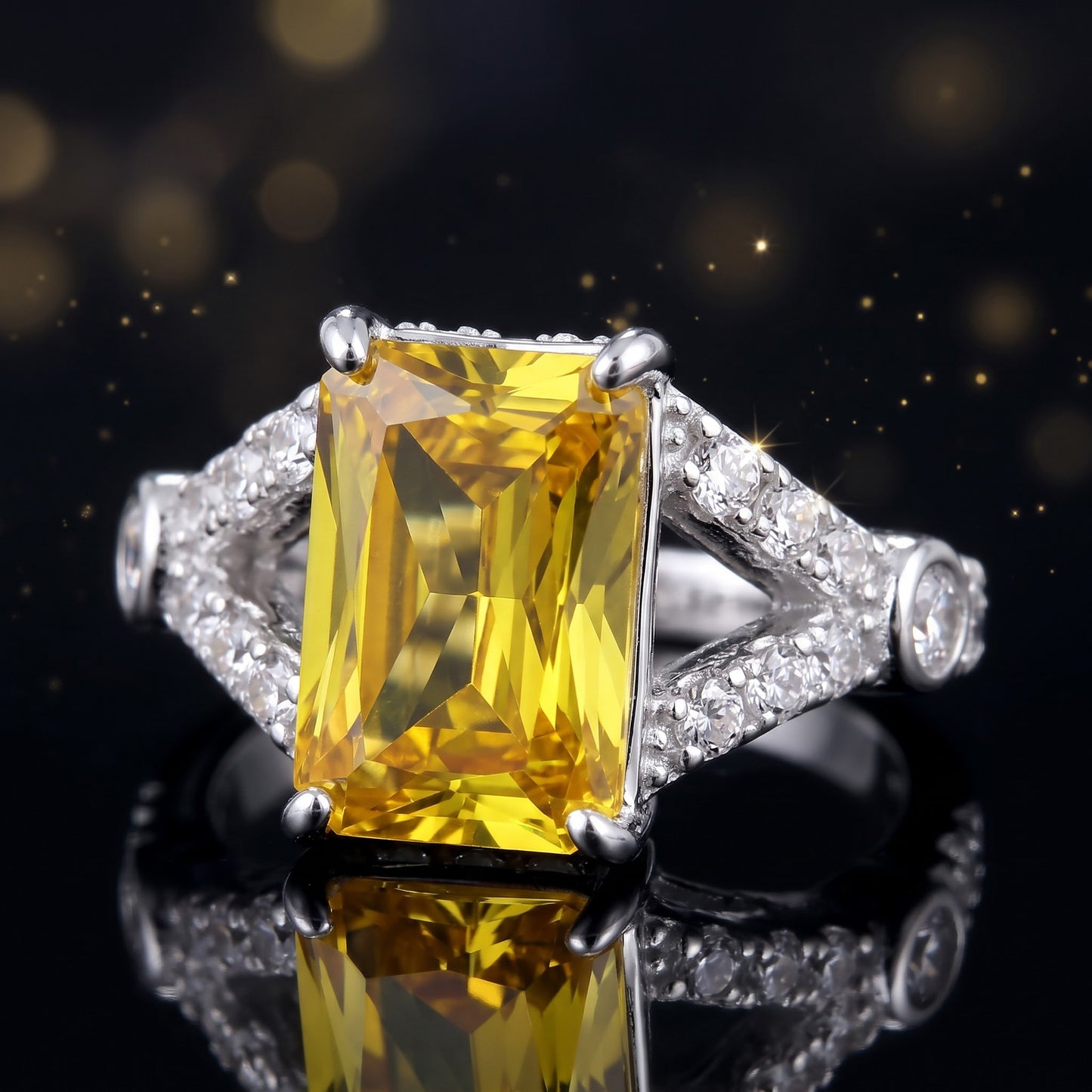 Sterling Silver Large Yellow Emerald Cut CZ Ring for Women, Emerald Cubic Zirconia, Promise Ring Gift view 4