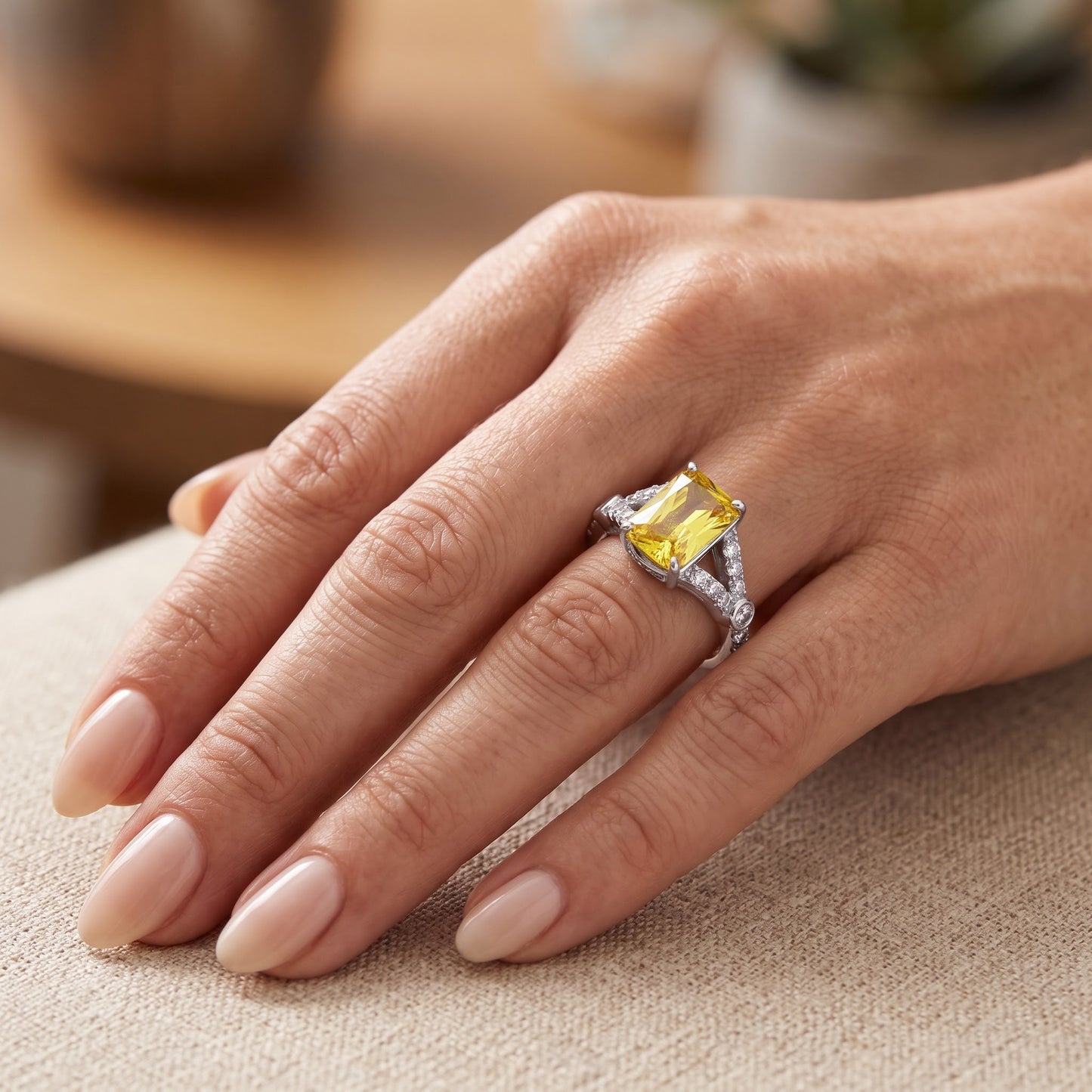 Sterling Silver Large Yellow Emerald Cut CZ Ring for Women, Emerald Cubic Zirconia, Promise Ring Gift view 5