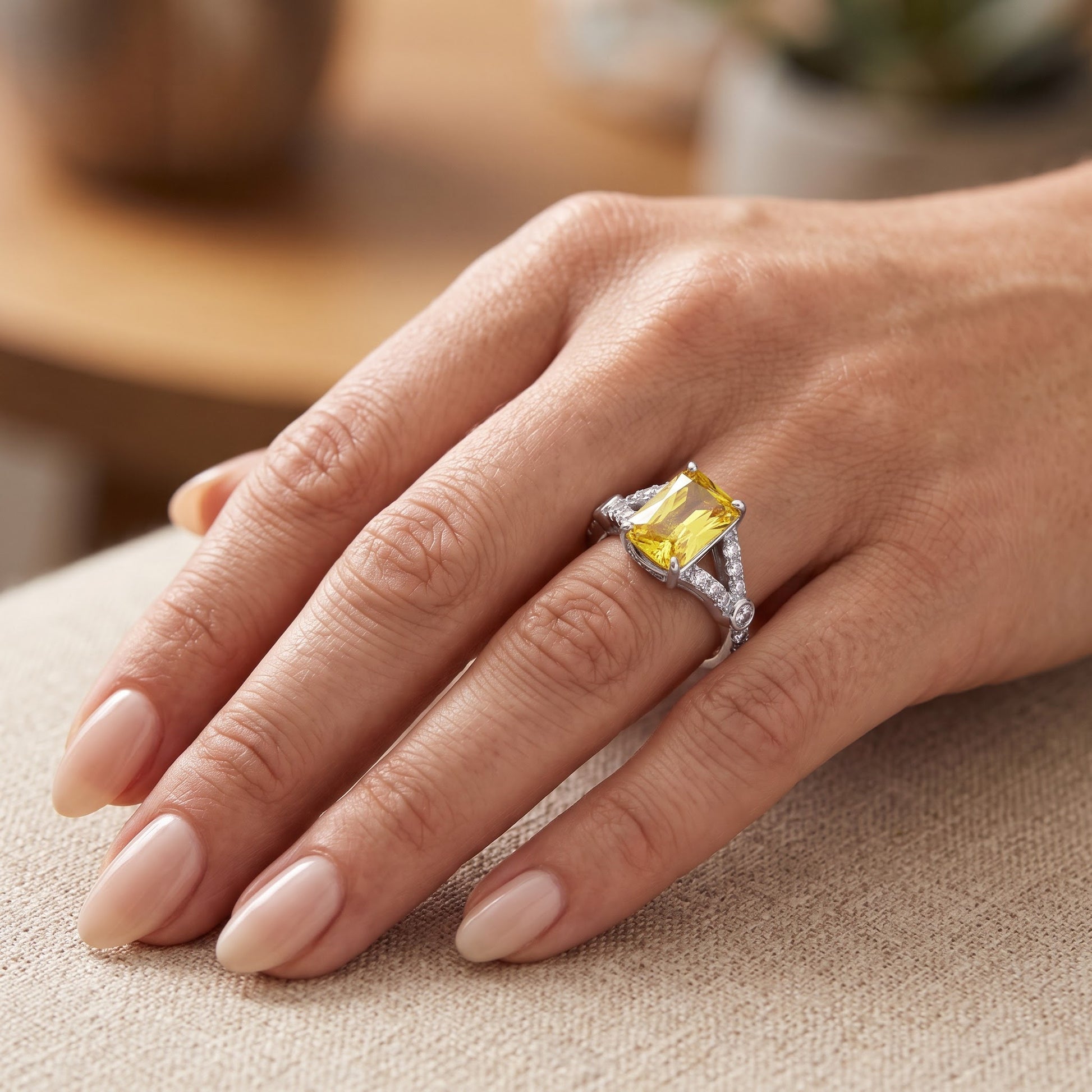 Sterling Silver Large Yellow Emerald Cut CZ Ring for Women, Emerald Cubic Zirconia, Promise Ring Gift view 5