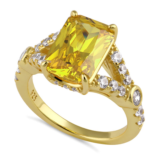 Sterling Silver Large Yellow Emerald Cut CZ Ring for Women, Emerald Cubic Zirconia, Promise Ring Gift
