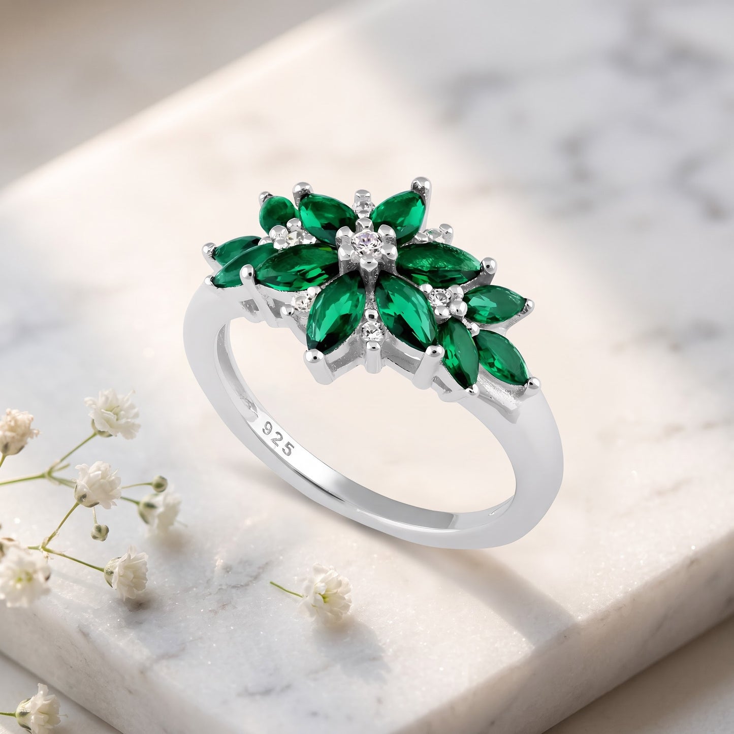 Sterling Silver Green Flower CZ Ring for Women, Cubic Zirconia, Promise Ring Gift view 1