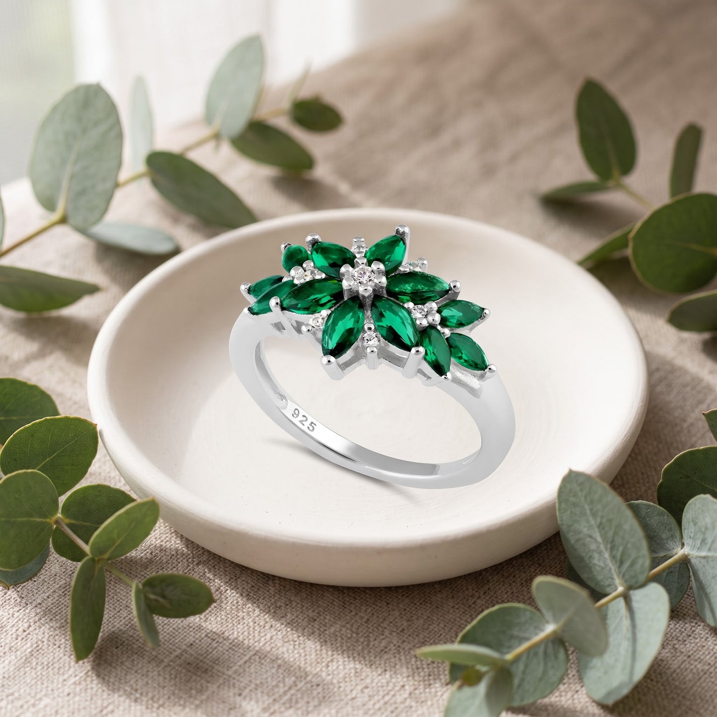 Sterling Silver Green Flower CZ Ring for Women, Cubic Zirconia, Promise Ring Gift view 2