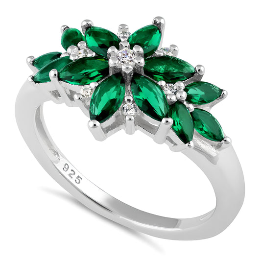 Sterling Silver Green Flower CZ Ring for Women, Cubic Zirconia, Promise Ring Gift