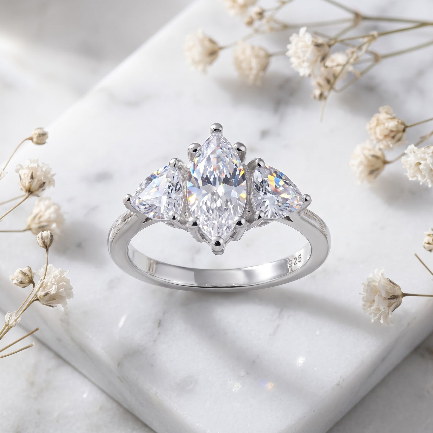 Sterling Silver Marquise Trillion Engagement CZ Ring for Women, Marquise Cubic Zirconia, Promise Ring Gift view 1