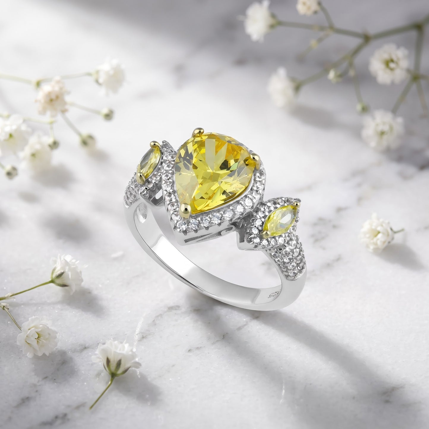 Sterling Silver Yellow Pear & Marquise Halo CZ Ring for Women, Pear Cubic Zirconia, Promise Ring Gift view 1