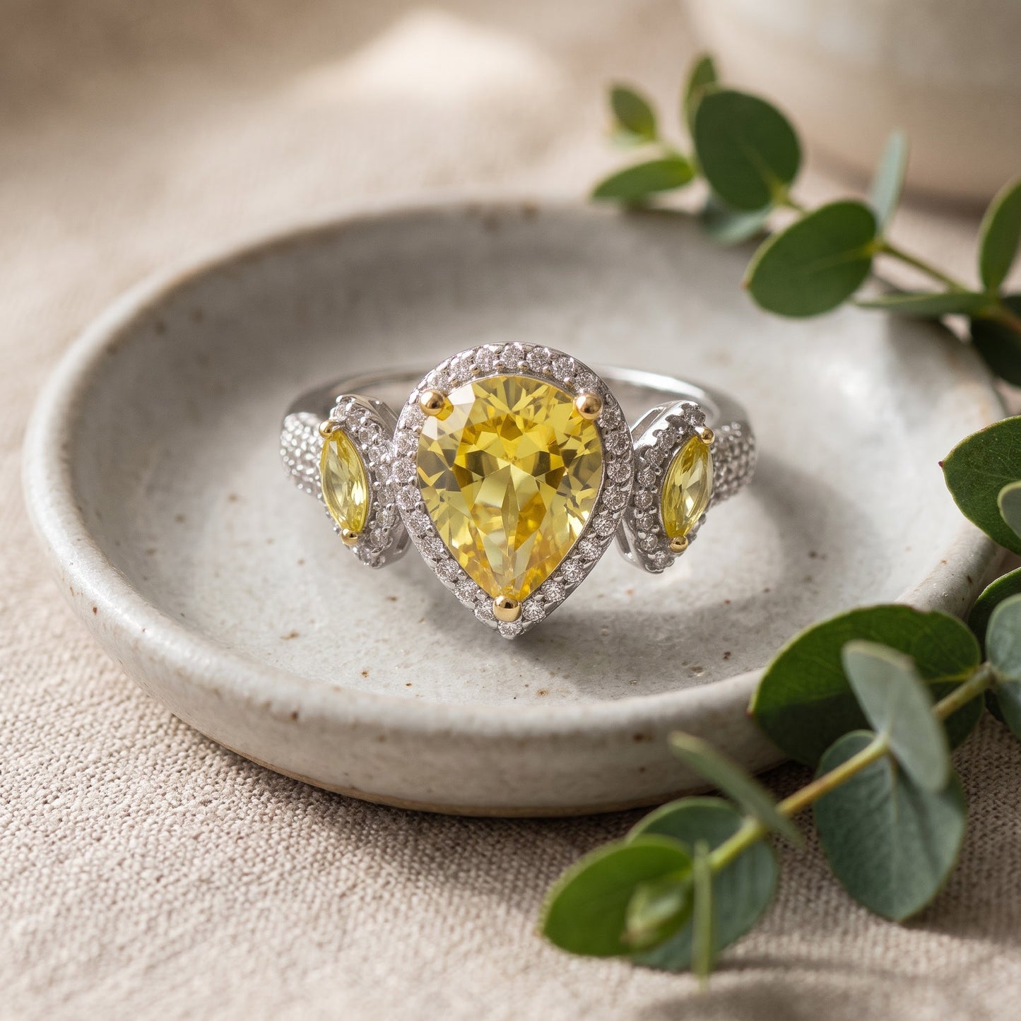 Sterling Silver Yellow Pear & Marquise Halo CZ Ring for Women, Pear Cubic Zirconia, Promise Ring Gift view 2