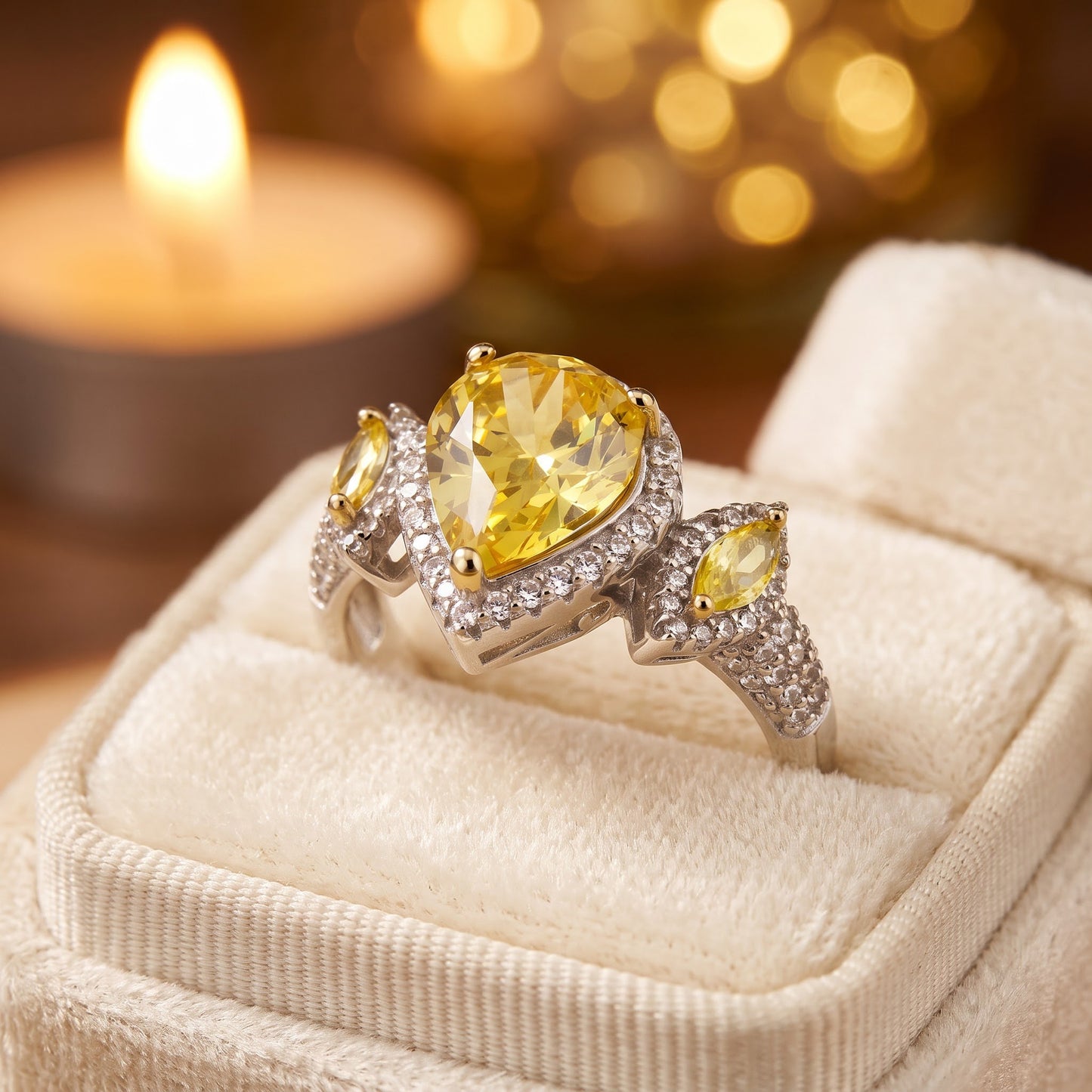 Sterling Silver Yellow Pear & Marquise Halo CZ Ring for Women, Pear Cubic Zirconia, Promise Ring Gift view 3