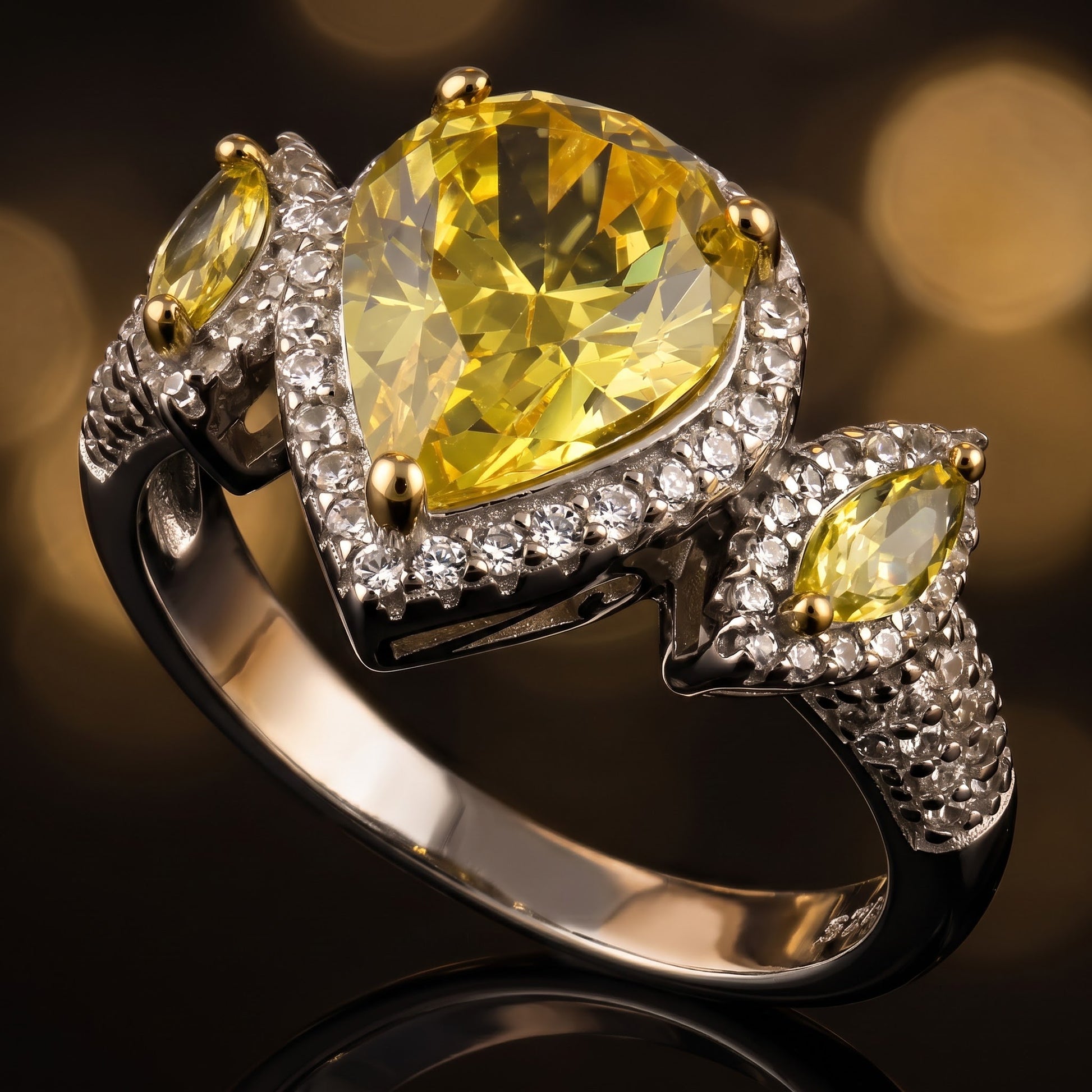Sterling Silver Yellow Pear & Marquise Halo CZ Ring for Women, Pear Cubic Zirconia, Promise Ring Gift view 4