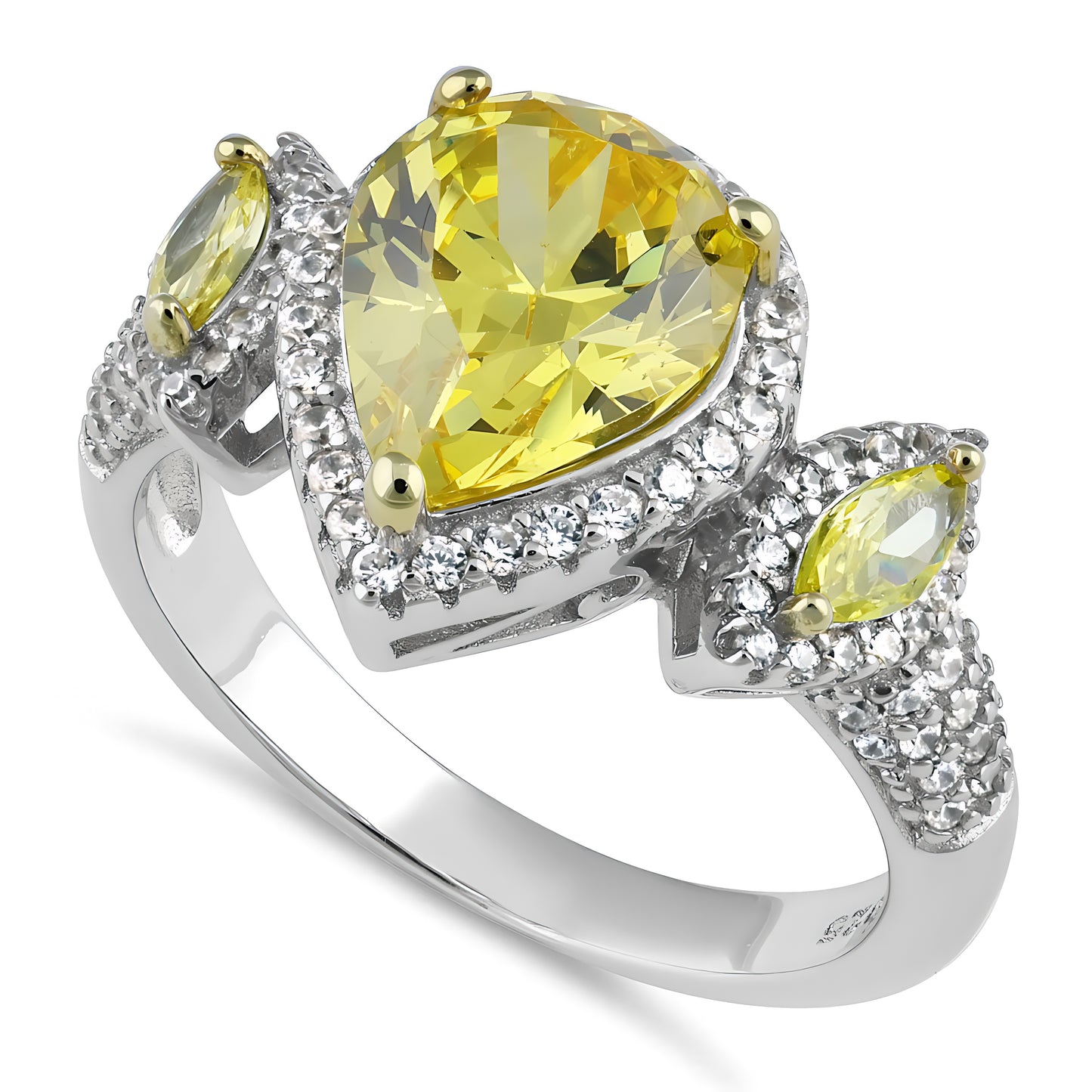 Sterling Silver Yellow Pear & Marquise Halo CZ Ring for Women, Pear Cubic Zirconia, Promise Ring Gift