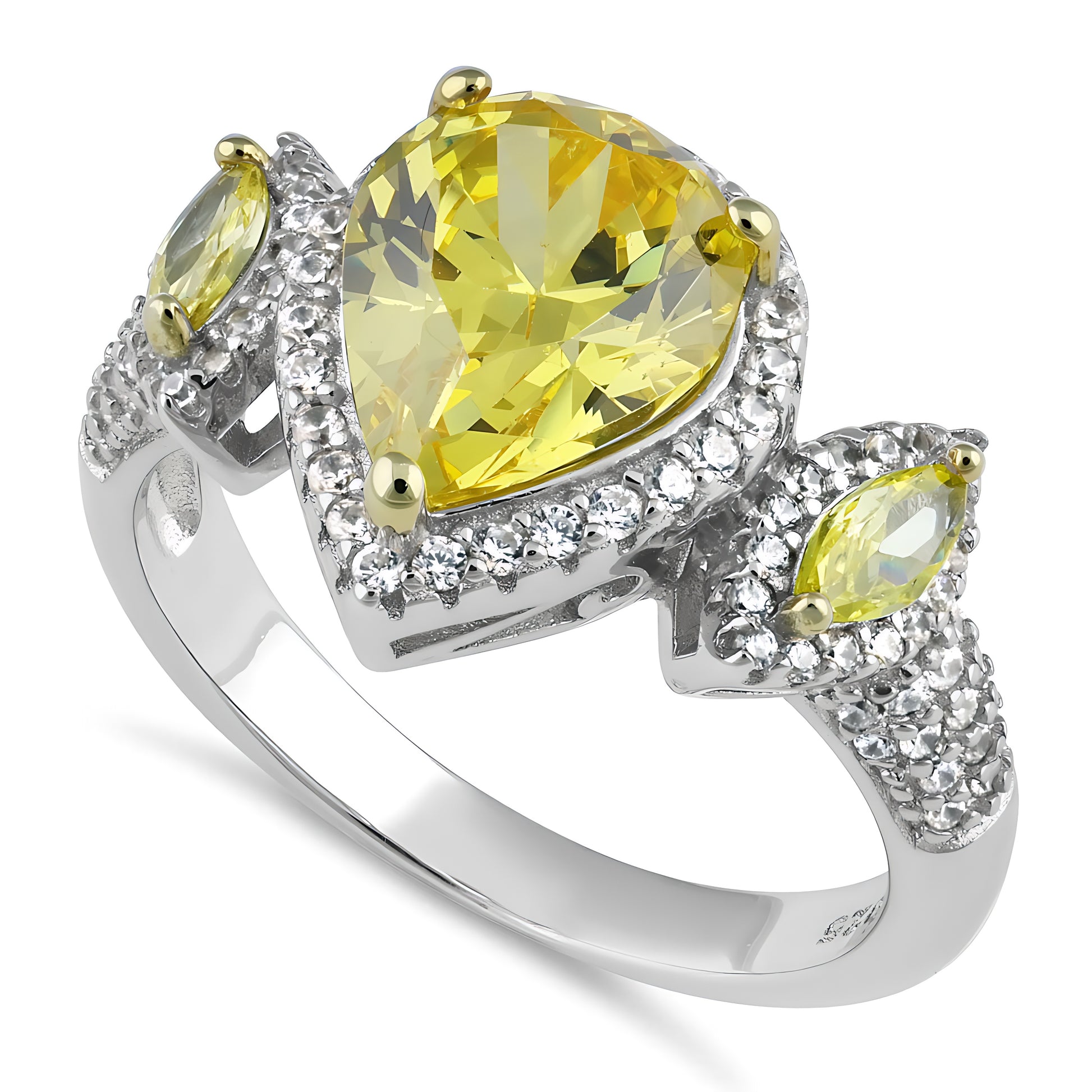 Sterling Silver Yellow Pear & Marquise Halo CZ Ring for Women, Pear Cubic Zirconia, Promise Ring Gift