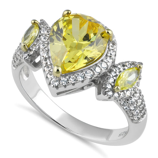 Sterling Silver Yellow Pear & Marquise Halo CZ Ring for Women, Pear Cubic Zirconia, Promise Ring Gift