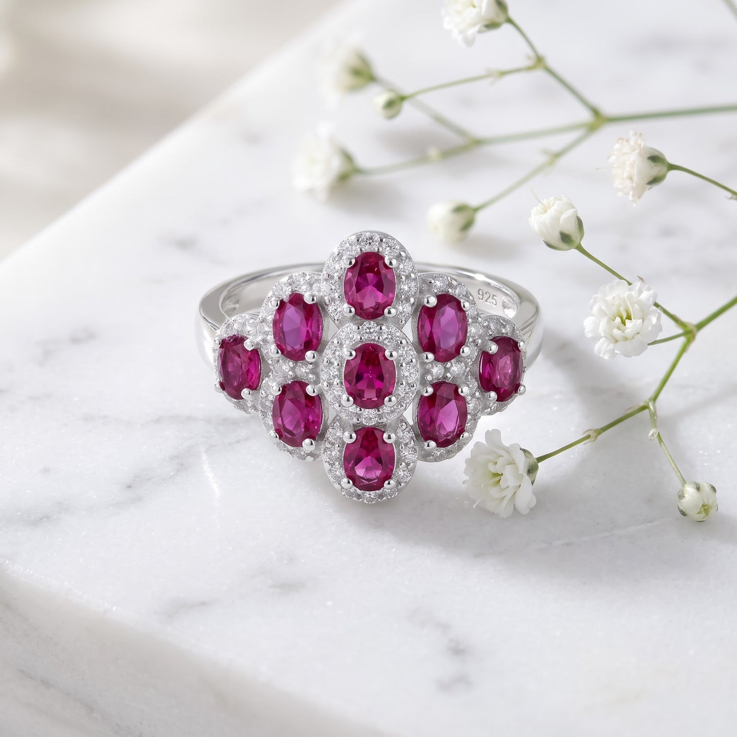 Sterling Silver Oval Ruby CZ Cluster Ring for Women, Oval Cubic Zirconia, Promise Ring Gift view 1