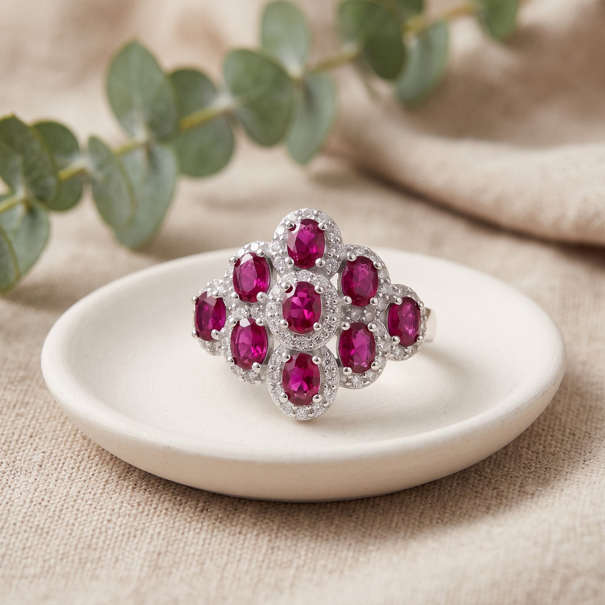 Sterling Silver Oval Ruby CZ Cluster Ring for Women, Oval Cubic Zirconia, Promise Ring Gift view 2