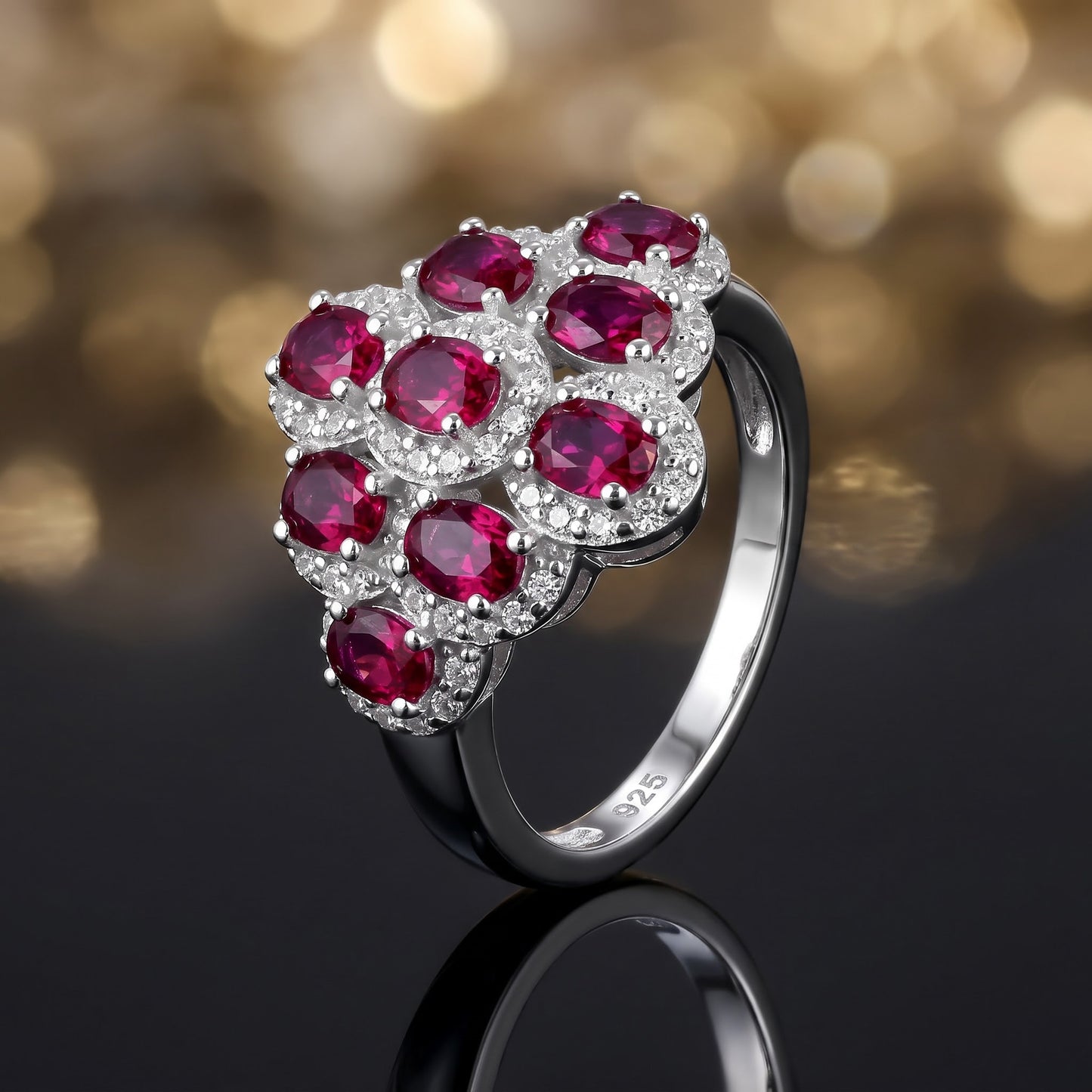 Sterling Silver Oval Ruby CZ Cluster Ring for Women, Oval Cubic Zirconia, Promise Ring Gift view 4