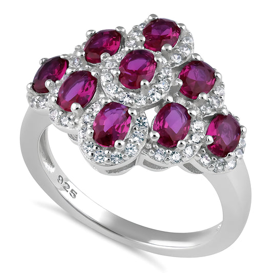 Sterling Silver Oval Ruby CZ Cluster Ring for Women, Oval Cubic Zirconia, Promise Ring Gift