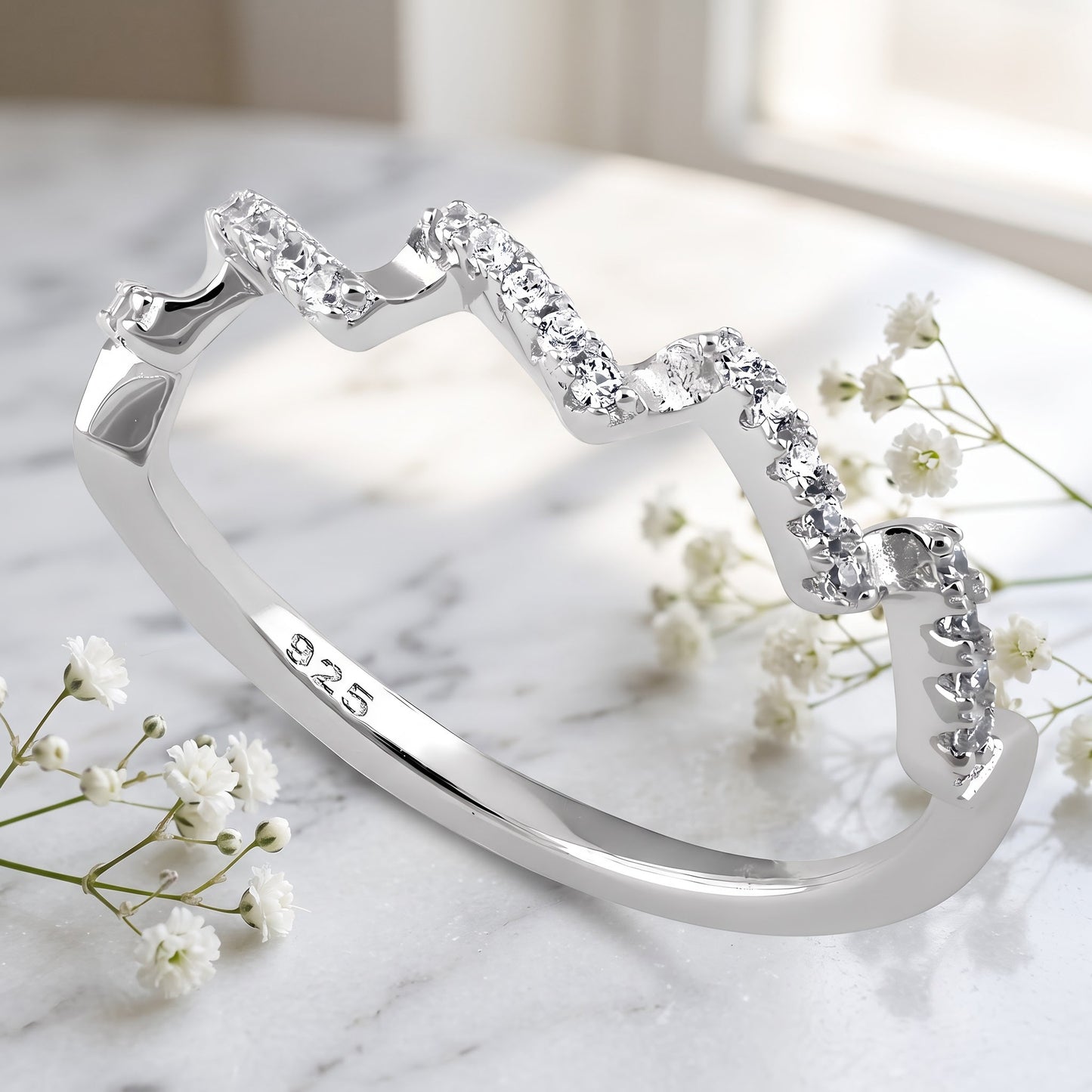 Sterling Silver Zig Zag CZ Ring for Women, Cubic Zirconia, Promise Ring Gift view 1