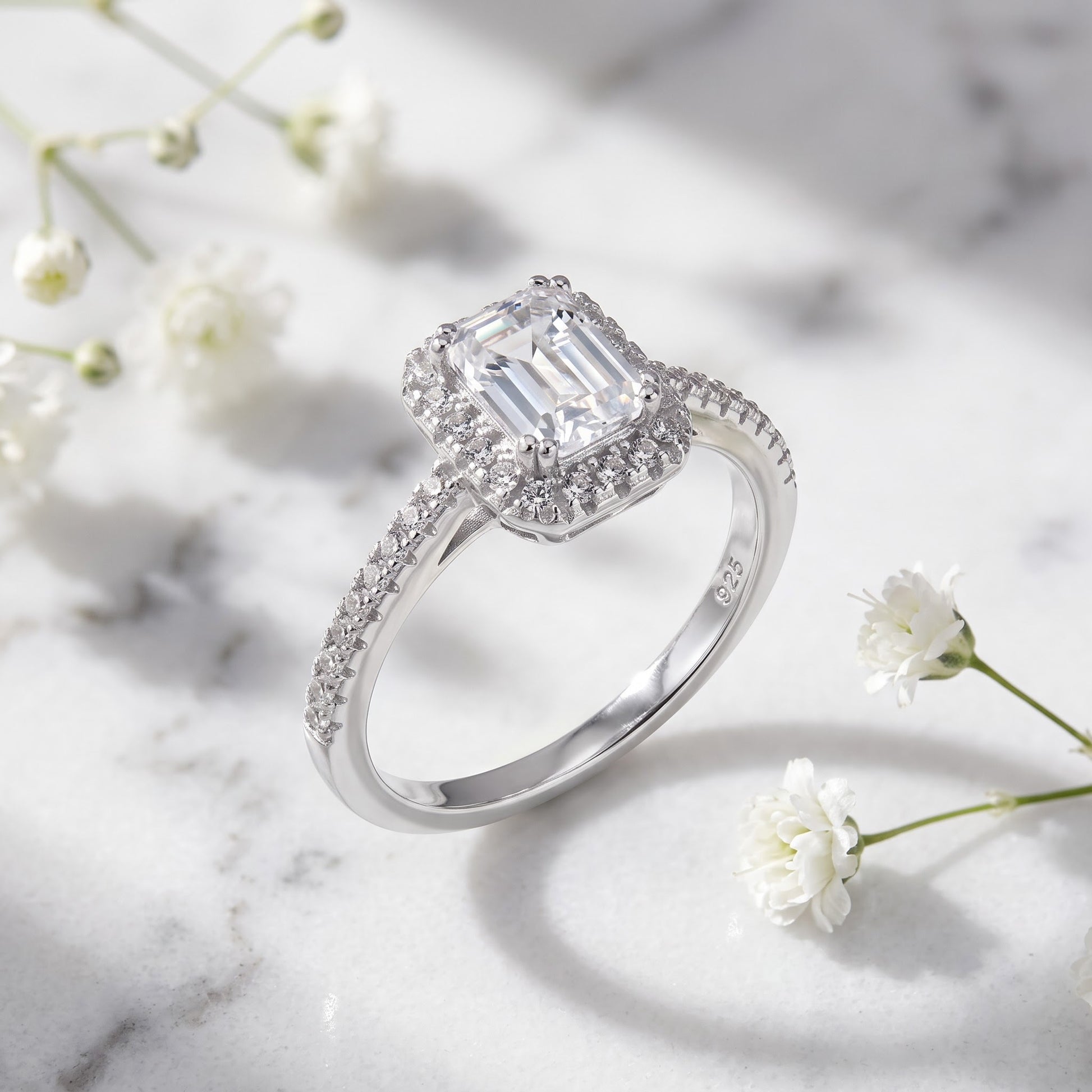 Sterling Silver Classic Emerald Cut Halo Engagement CZ Ring for Women, Emerald Cubic Zirconia, Promise Ring Gift view 1