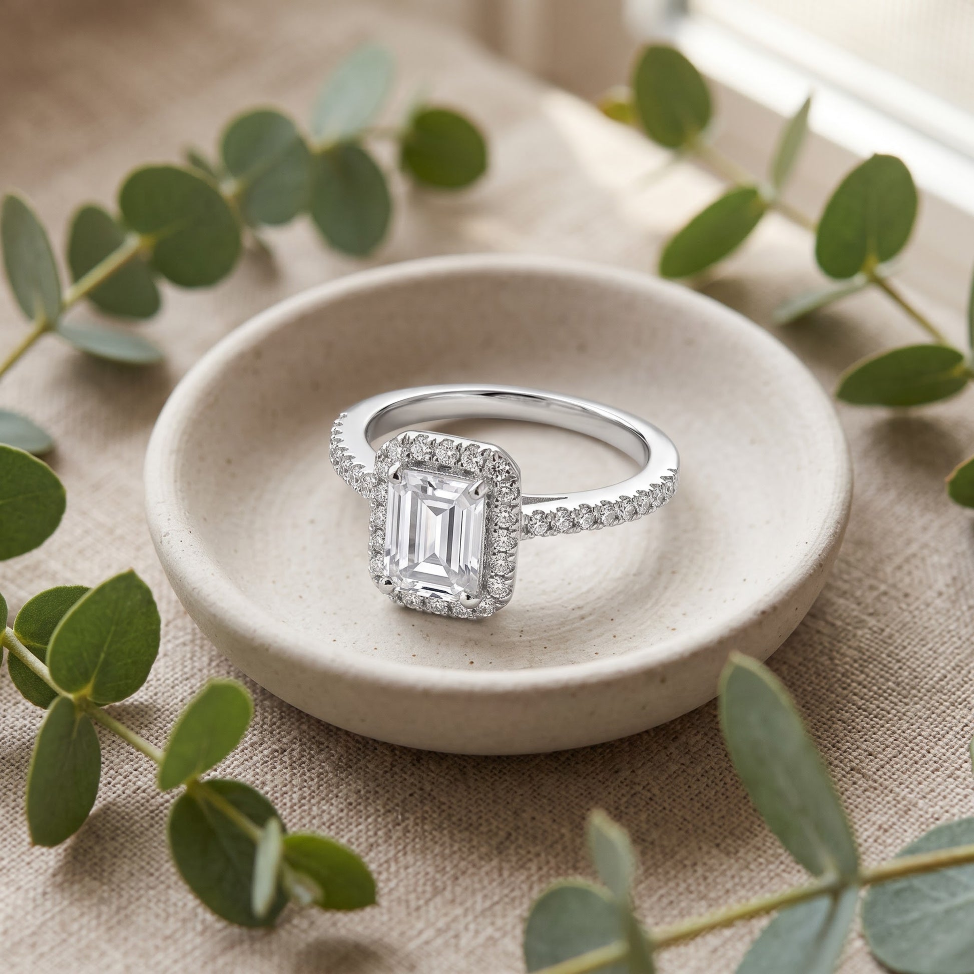 Sterling Silver Classic Emerald Cut Halo Engagement CZ Ring for Women, Emerald Cubic Zirconia, Promise Ring Gift view 2