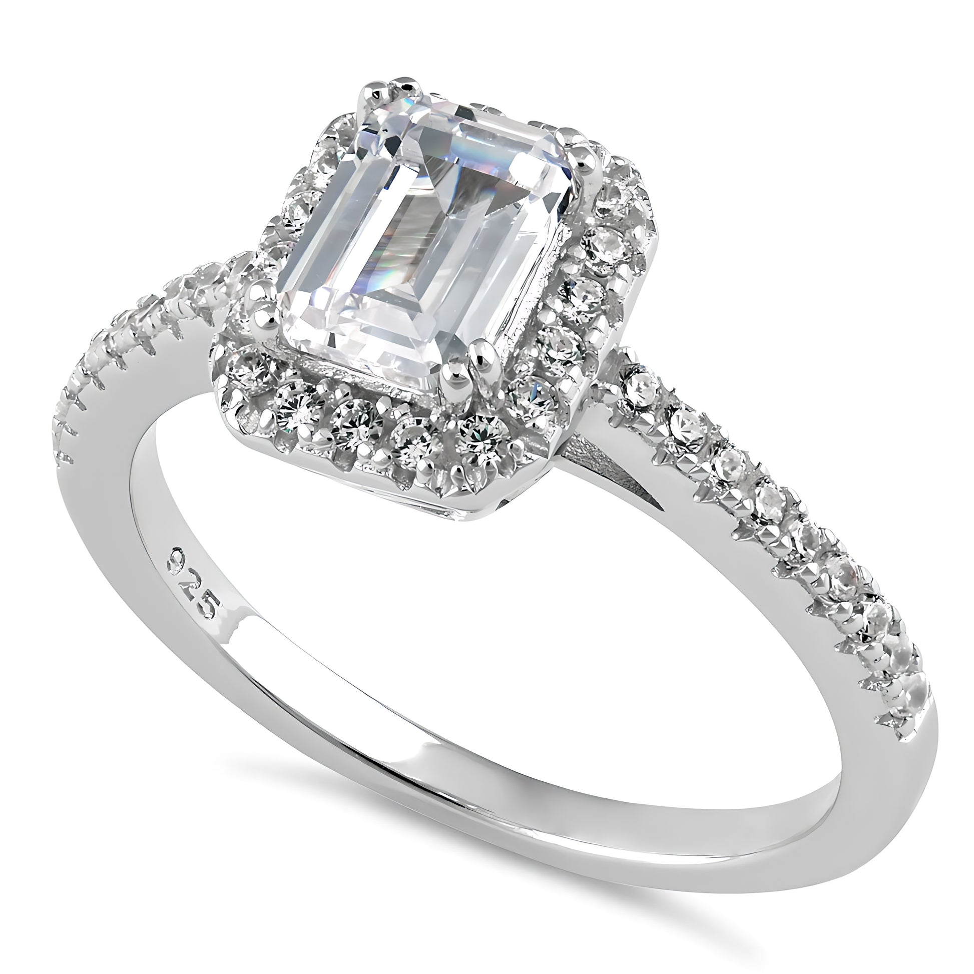 Sterling Silver Classic Emerald Cut Halo Engagement CZ Ring for Women, Emerald Cubic Zirconia, Promise Ring Gift