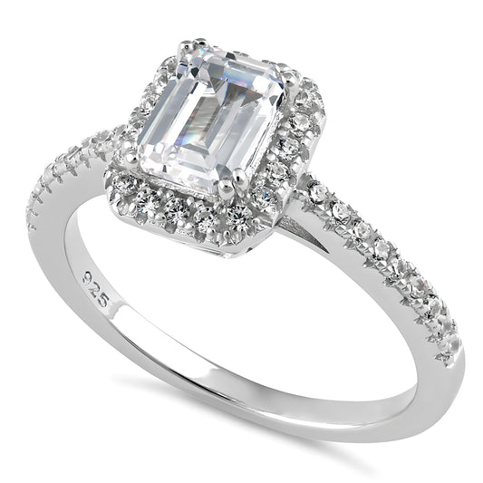 Sterling Silver Classic Emerald Cut Halo Engagement CZ Ring for Women, Emerald Cubic Zirconia, Promise Ring Gift