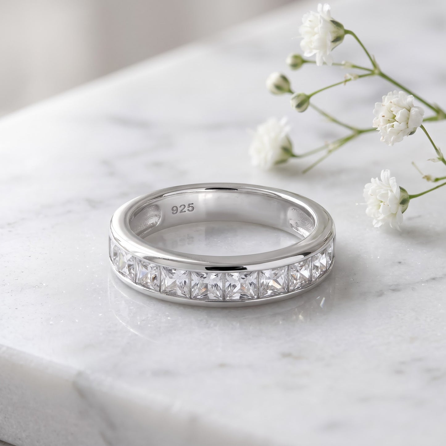 Sterling Silver Half Eternity Princess CZ Ring for Women, Princess Cubic Zirconia, Promise Ring Gift view 1