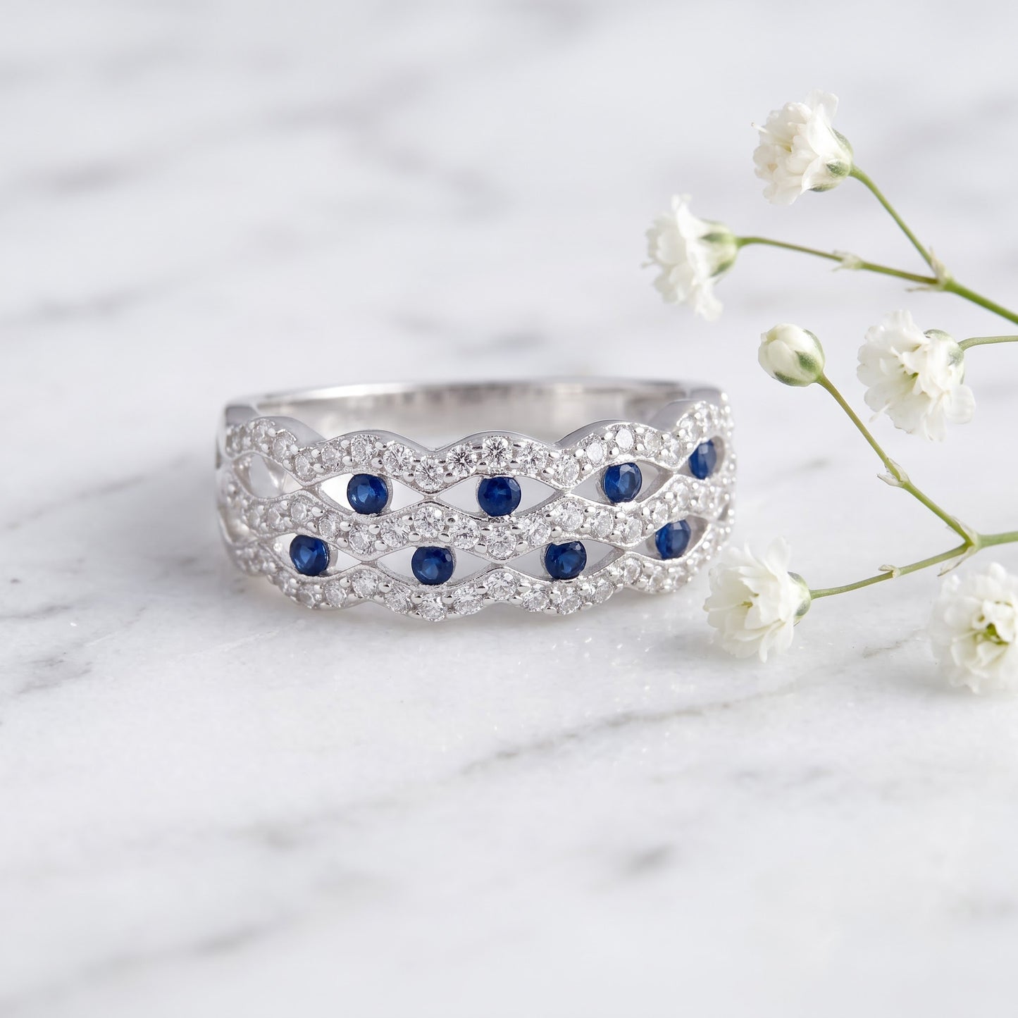 Sterling Silver Wavy Dotted Blue & Clear CZ Ring for Women, Cubic Zirconia, Promise Ring Gift view 1