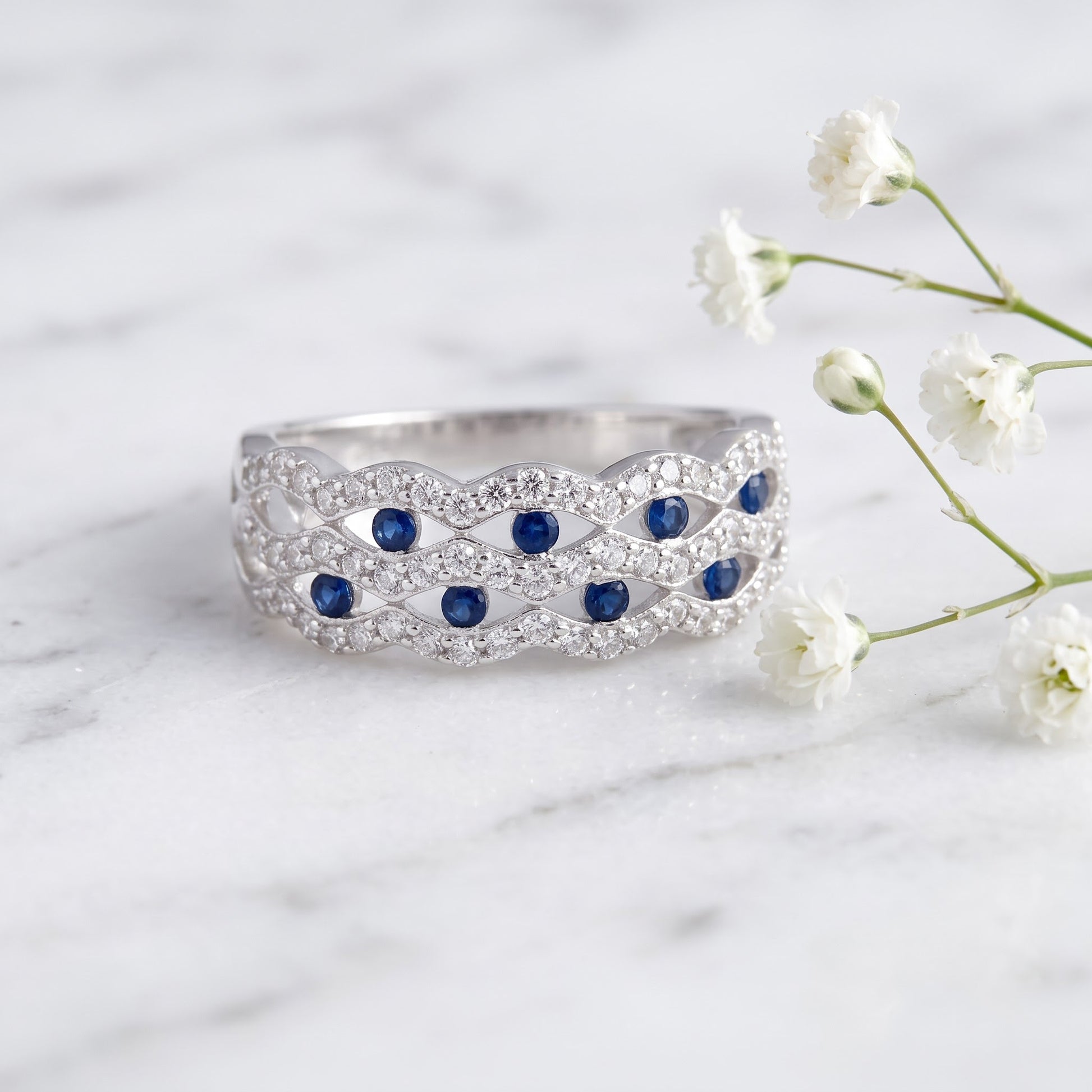 Sterling Silver Wavy Dotted Blue & Clear CZ Ring for Women, Cubic Zirconia, Promise Ring Gift view 1