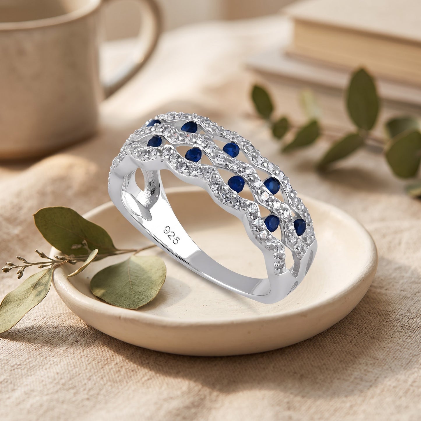 Sterling Silver Wavy Dotted Blue & Clear CZ Ring for Women, Cubic Zirconia, Promise Ring Gift view 2