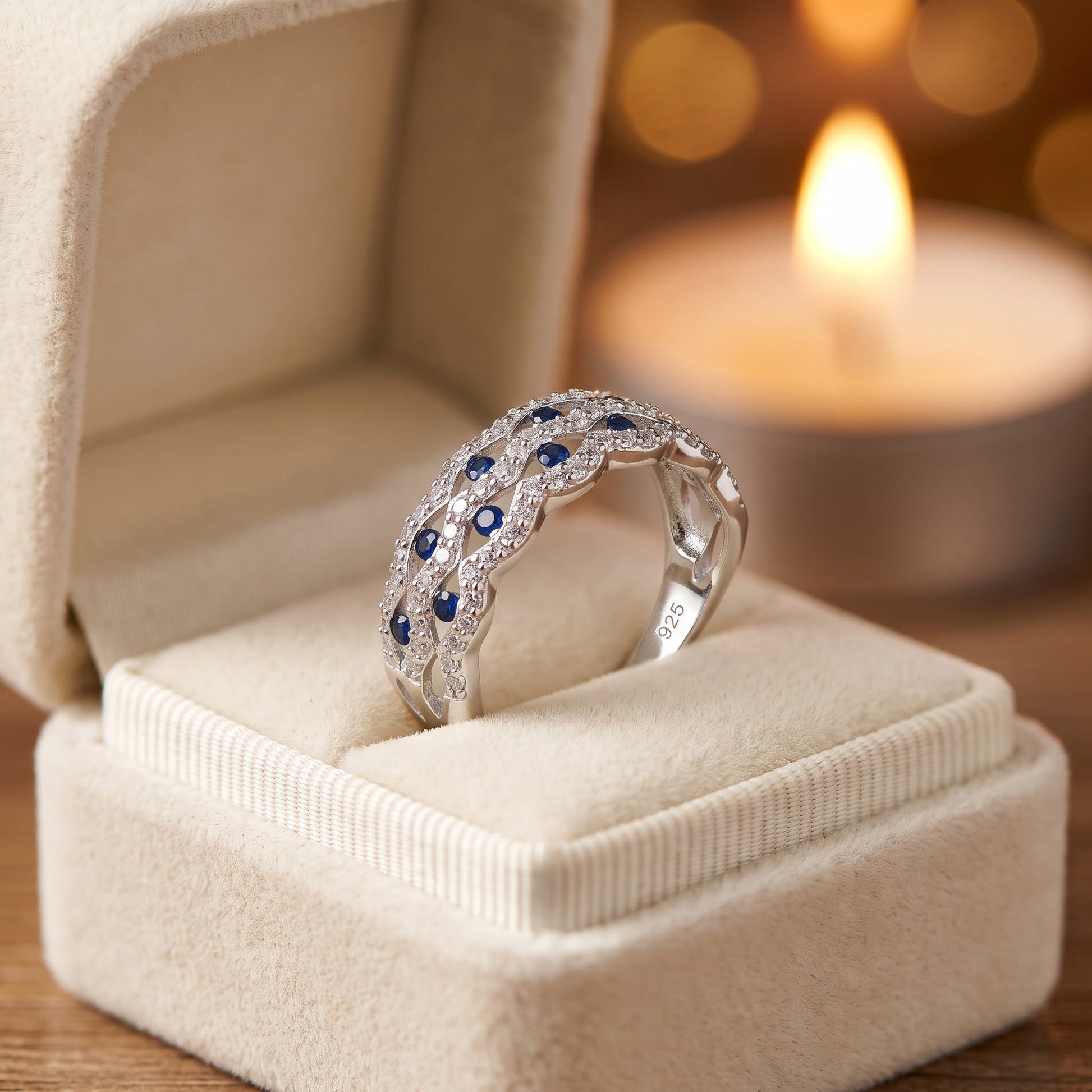 Sterling Silver Wavy Dotted Blue & Clear CZ Ring for Women, Cubic Zirconia, Promise Ring Gift view 3