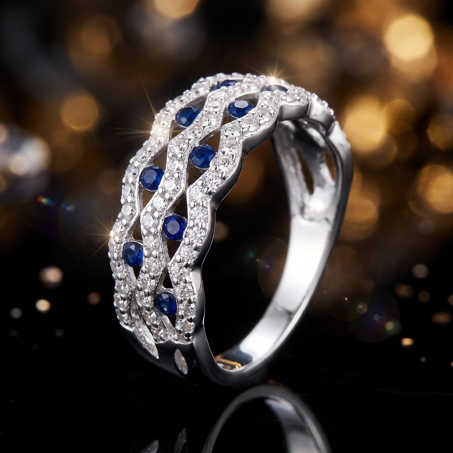 Sterling Silver Wavy Dotted Blue & Clear CZ Ring for Women, Cubic Zirconia, Promise Ring Gift view 4