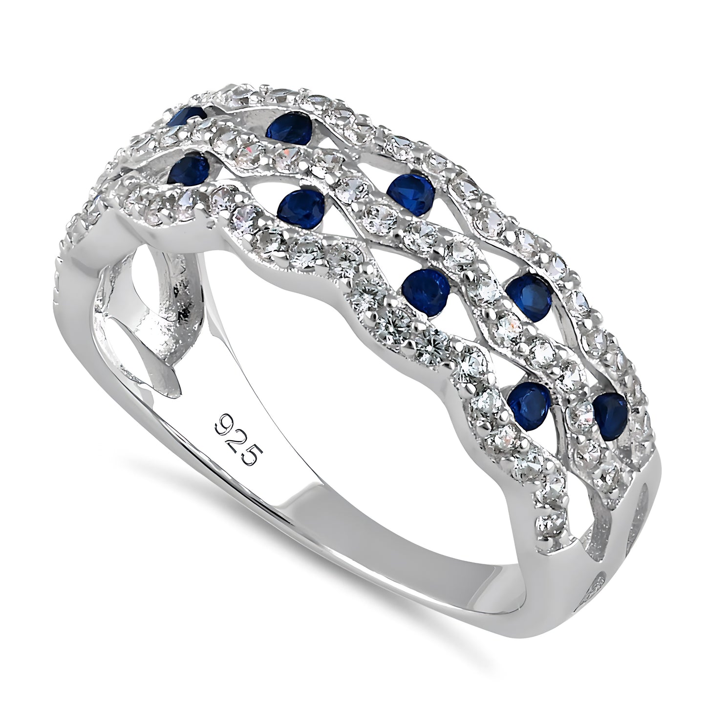 Sterling Silver Wavy Dotted Blue & Clear CZ Ring for Women, Cubic Zirconia, Promise Ring Gift