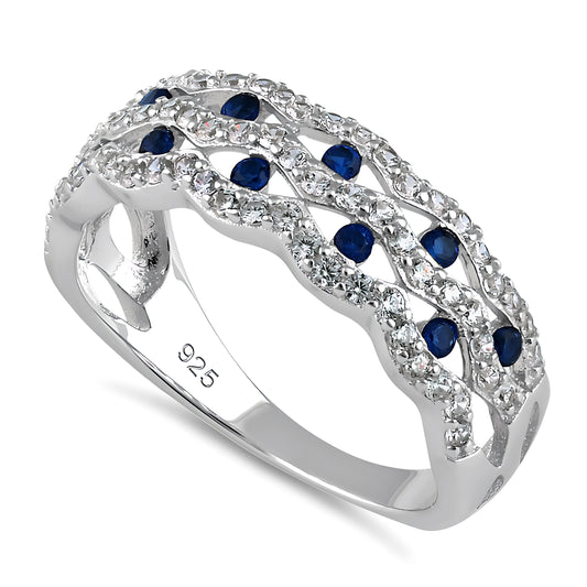 Sterling Silver Wavy Dotted Blue & Clear CZ Ring for Women, Cubic Zirconia, Promise Ring Gift