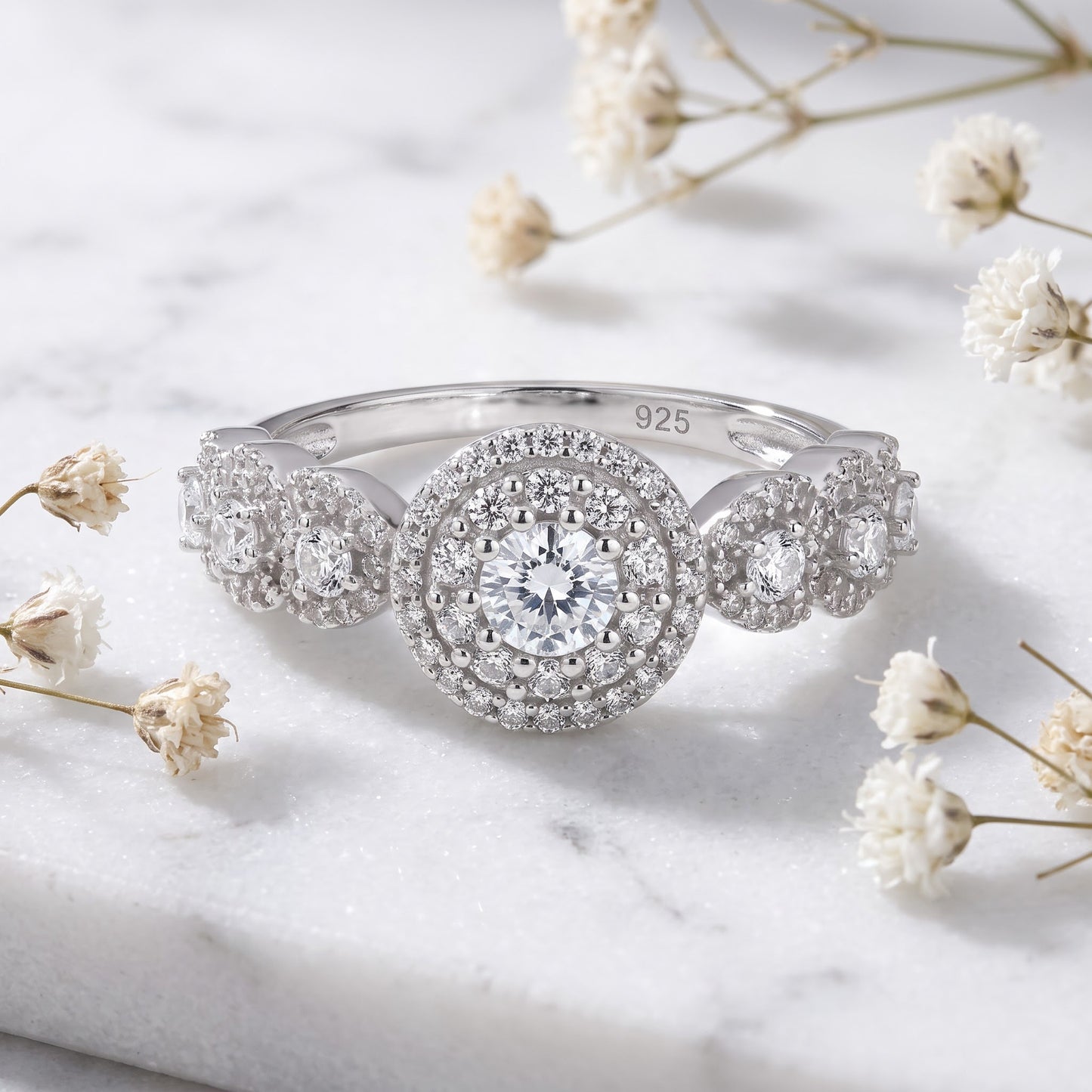 Sterling Silver Round CZ Halo Cluster Engagement Ring for Women, Round Cubic Zirconia, Promise Ring Gift view 1