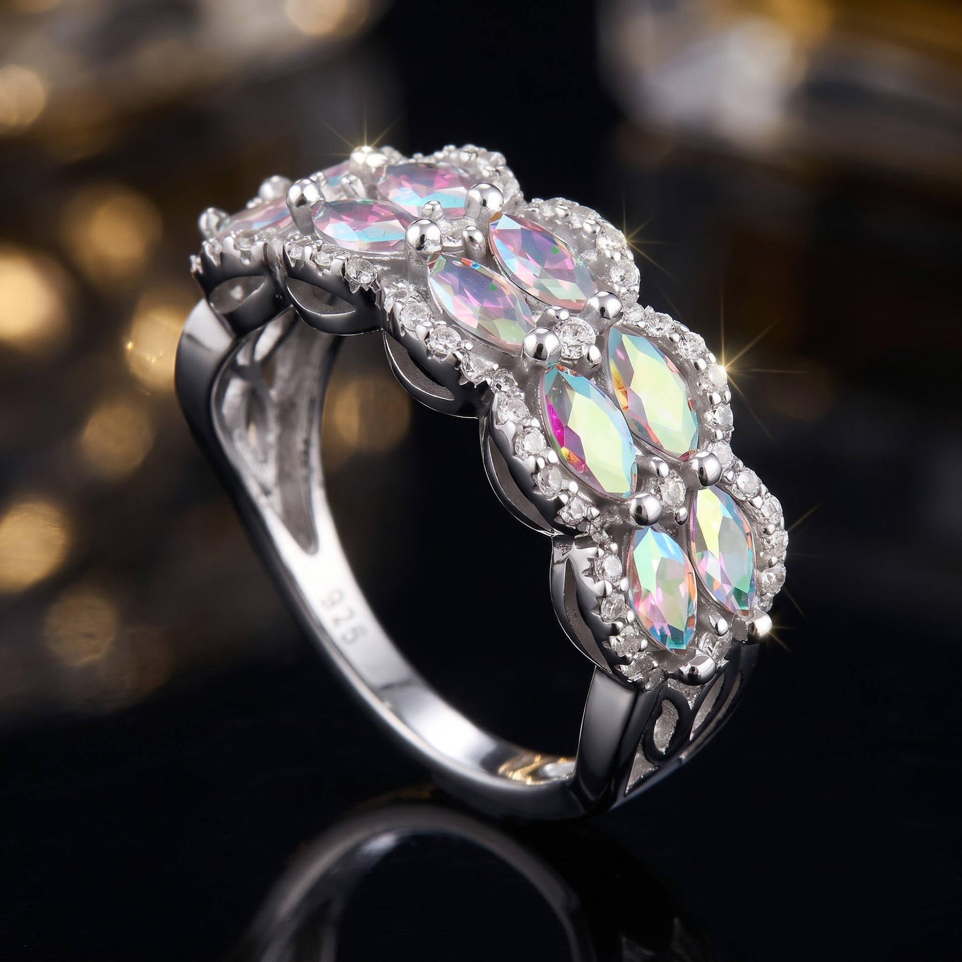 Sterling Silver Marquise Iridescent Rainbow CZ Ring for Women, Marquise Cubic Zirconia, Promise Ring Gift view 4