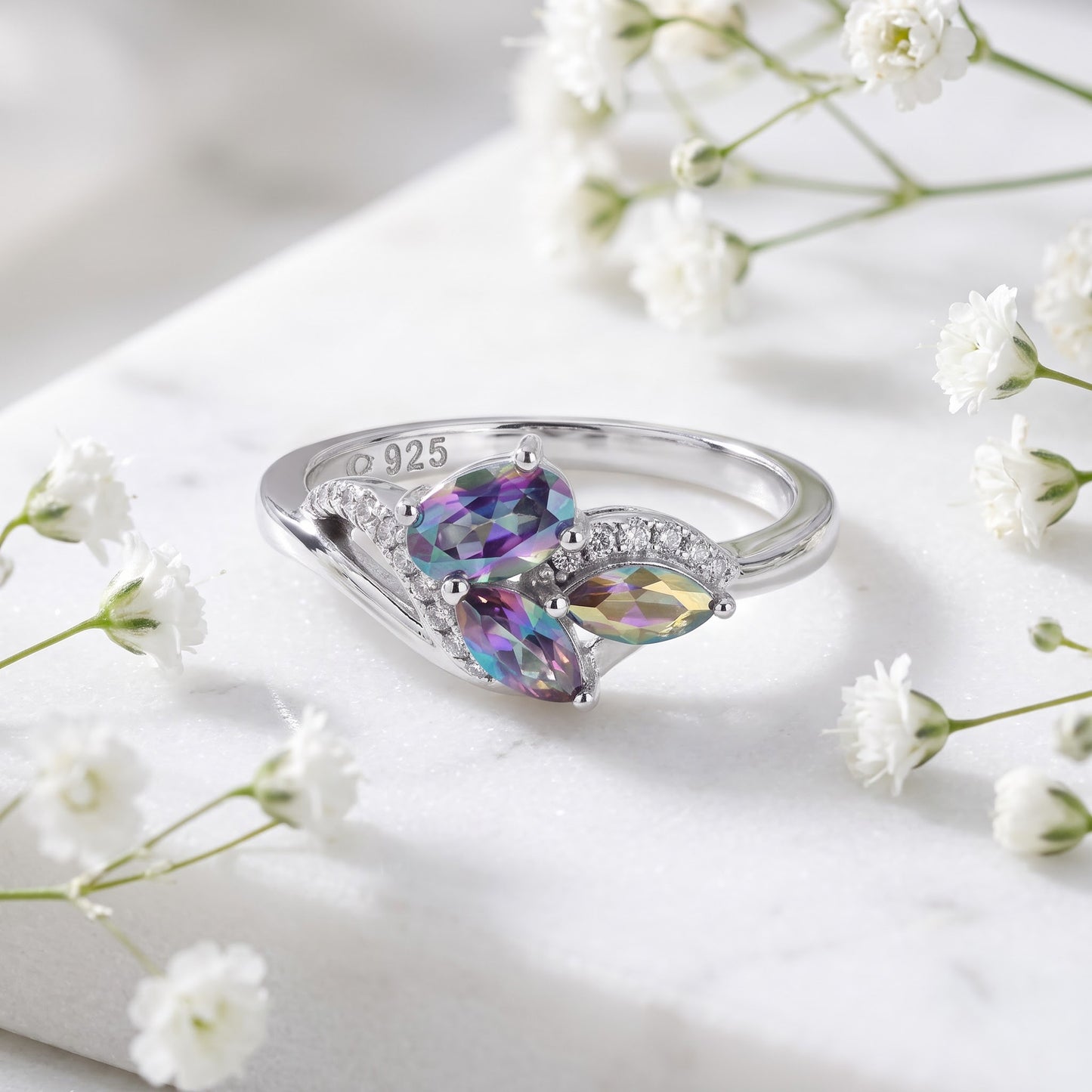 Sterling Silver Iridescent Rainbow Oval & Marquise CZ Ring for Women, Oval Cubic Zirconia, Promise Ring Gift view 1
