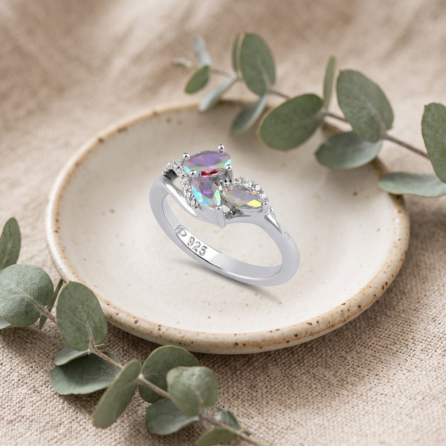 Sterling Silver Iridescent Rainbow Oval & Marquise CZ Ring for Women, Oval Cubic Zirconia, Promise Ring Gift view 2