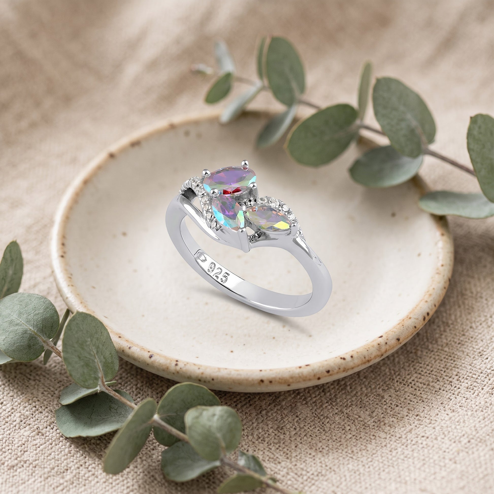 Sterling Silver Iridescent Rainbow Oval & Marquise CZ Ring for Women, Oval Cubic Zirconia, Promise Ring Gift view 2