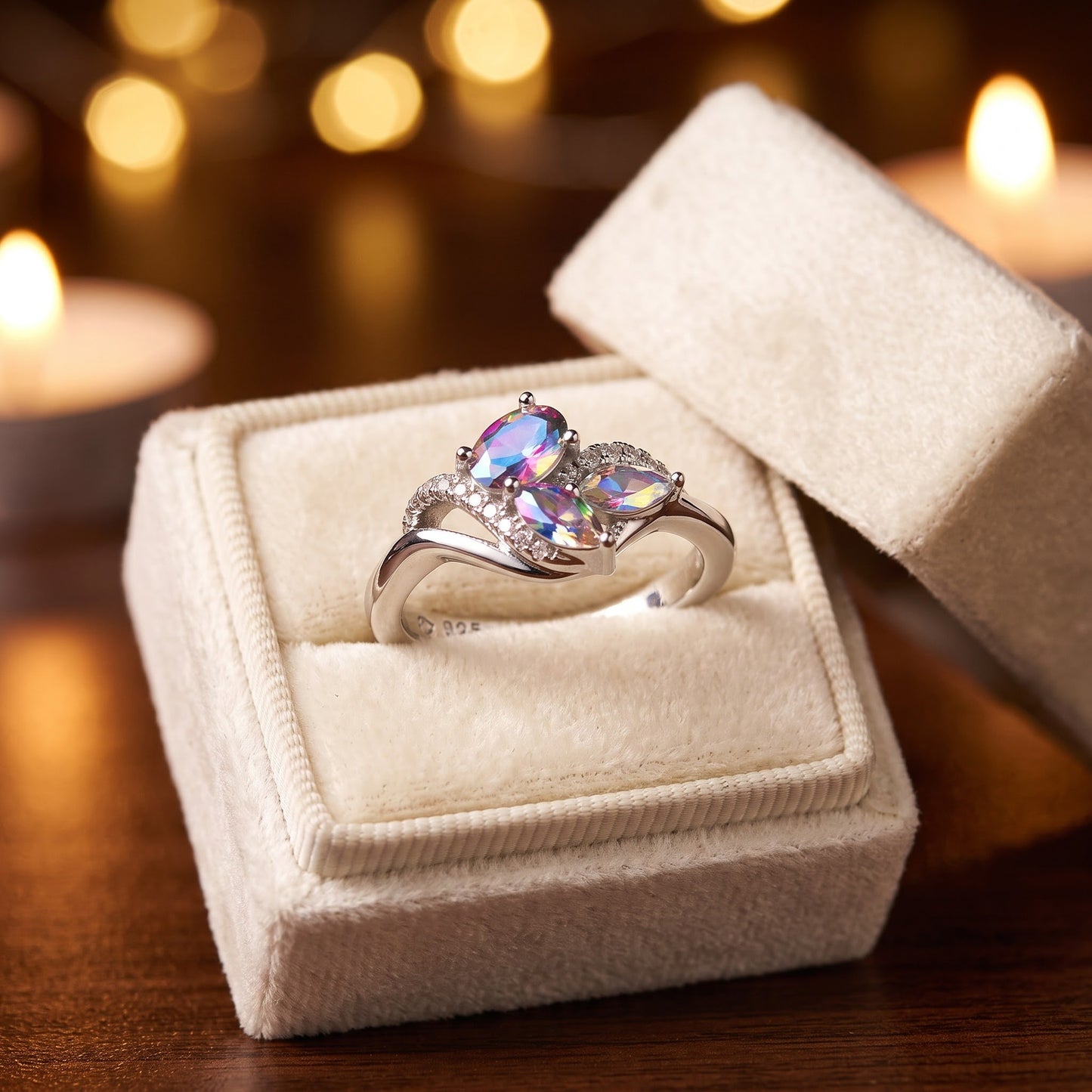 Sterling Silver Iridescent Rainbow Oval & Marquise CZ Ring for Women, Oval Cubic Zirconia, Promise Ring Gift view 3