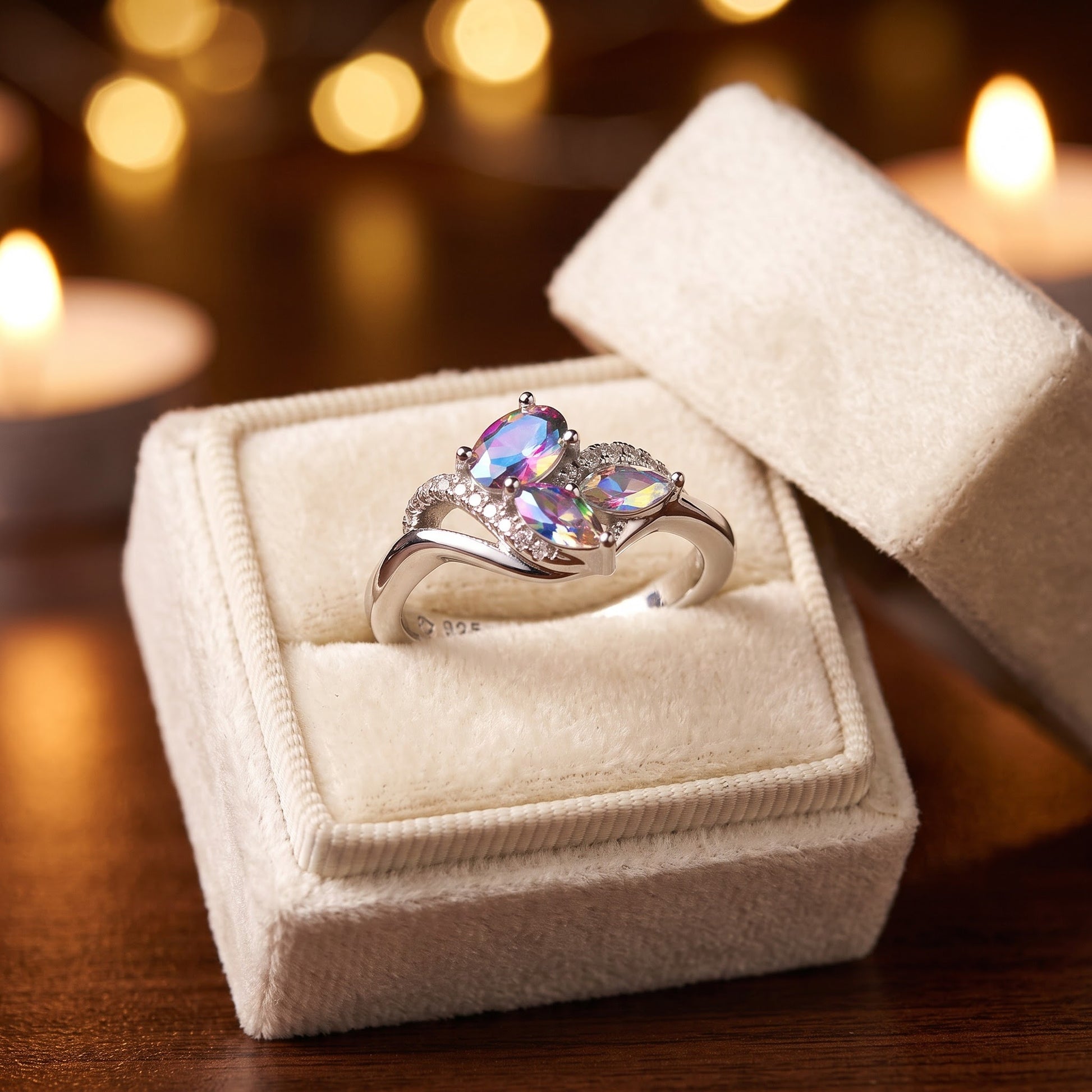 Sterling Silver Iridescent Rainbow Oval & Marquise CZ Ring for Women, Oval Cubic Zirconia, Promise Ring Gift view 3